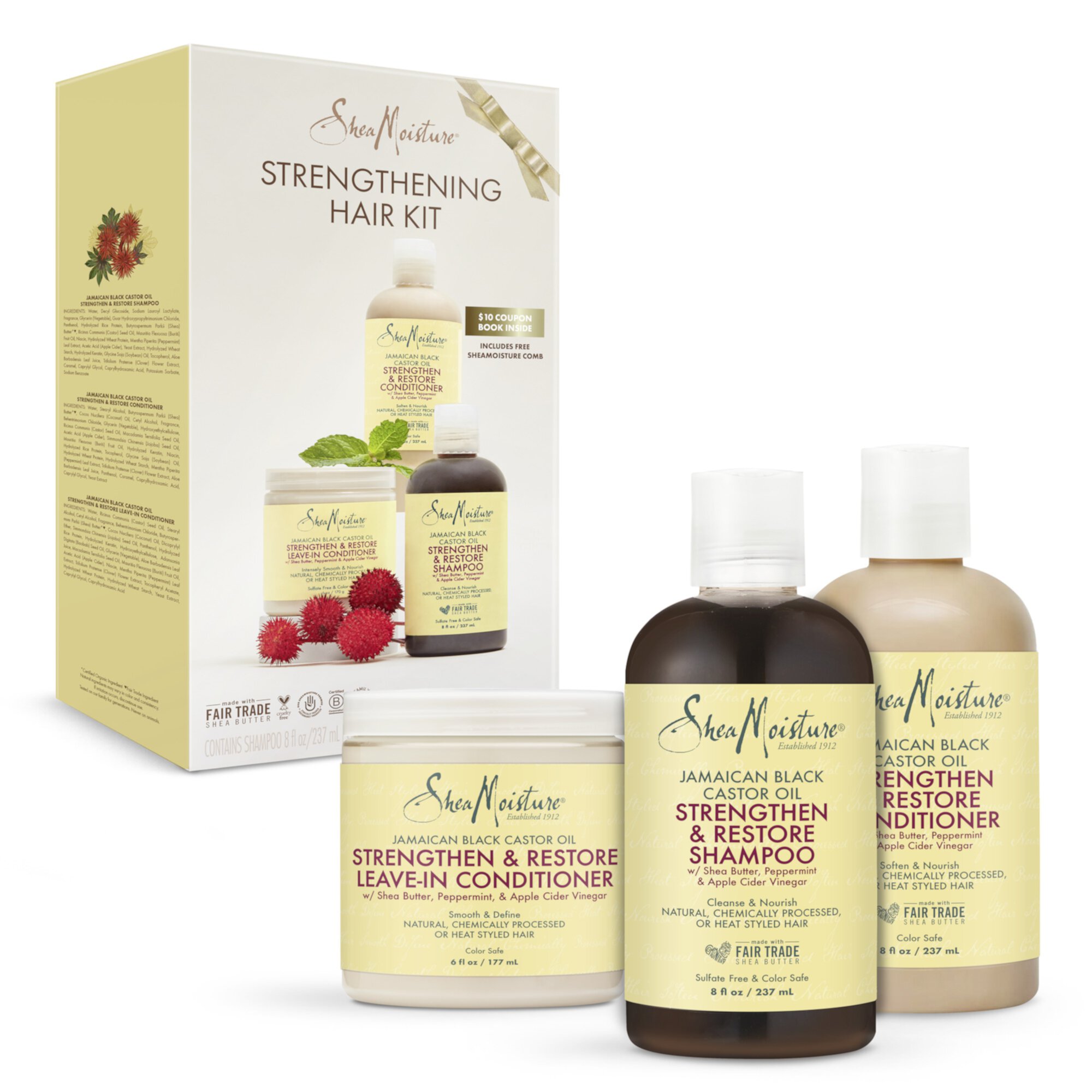 ($23 Value) SheaMoisture Castor Oil Strengthen and Restore Holiday Gift Set (Shampoo, Conditioner, Leave-In) 3 Ct SheaMoisture