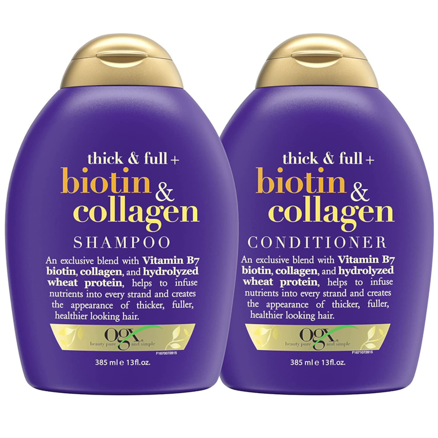 OGX Thick & Full + Biotin & Collagen Shampoo & Conditioner Set, (packaging may vary), Purple, 13 Fl Oz (Pack of 2) OGX