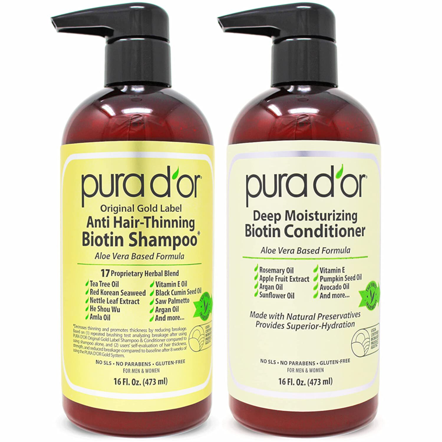 PURA D'OR Original Gold Label Anti Hair Thinning Biotin Daily Shampoo & Deep Moisturizing Conditioner Set with Herbal DHT Blockers PURA D'OR