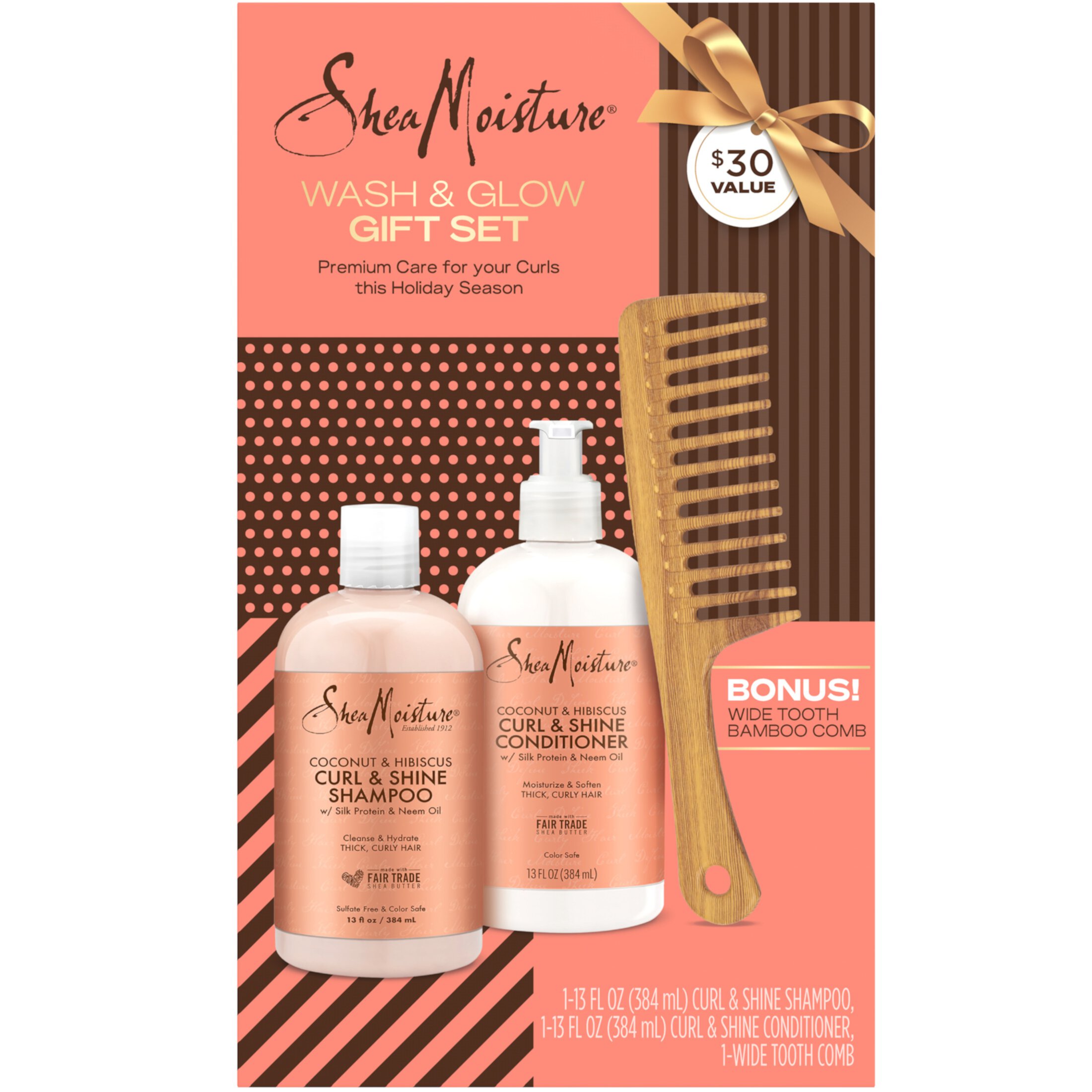 Sheamoisture Wash & Glow Gift Set Shampoo & Conditioner Coconut & Hibiscus Tooth Comb, 13 oz 2 Pack SheaMoisture