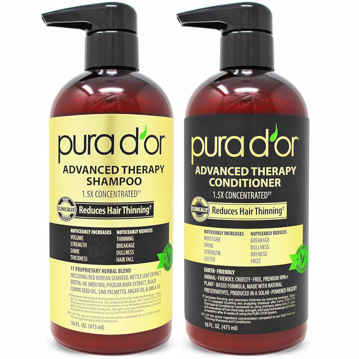 PURA D'OR Advanced Therapy Volumizing Strength & Shine Daily Shampoo & Conditioner Full Size Set with Biotin & Argan Oil - 2 Piece PURA D'OR