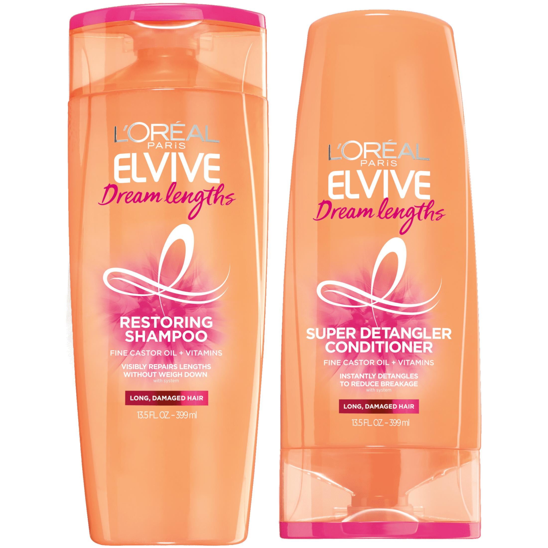 L'Oreal Paris Elvive Dream Lengths Restoring Shampoo and Detangler Conditioner Set with Castor Oil, 13.5 fl oz L'Oréal Paris