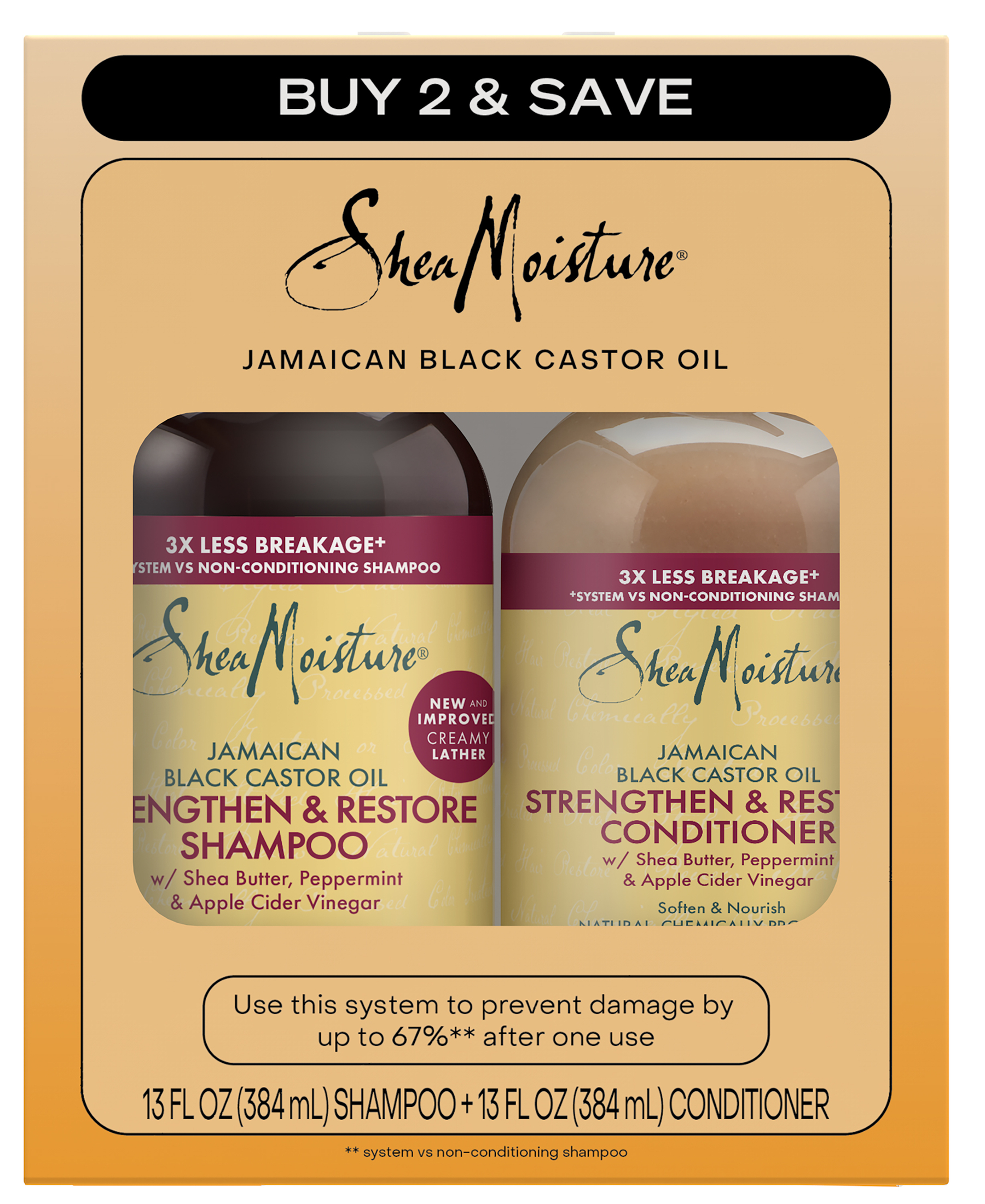 SheaMoisture Jamaican Black Castor Oil Strengthen & Restore Shampoo and Conditioner Set, 13 oz 2 Count SheaMoisture