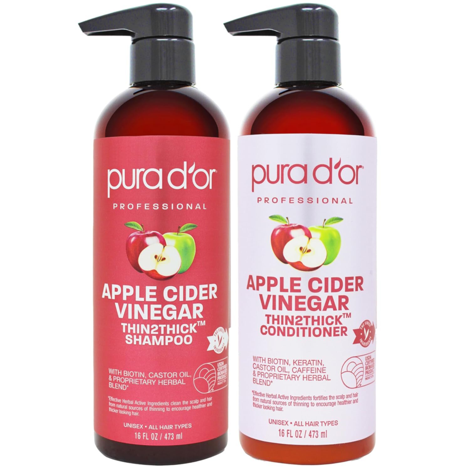 PURA D'OR Apple Cider Vinegar Thin2Thick Shampoo & Conditioner Set (16oz X 2) PURA D'OR