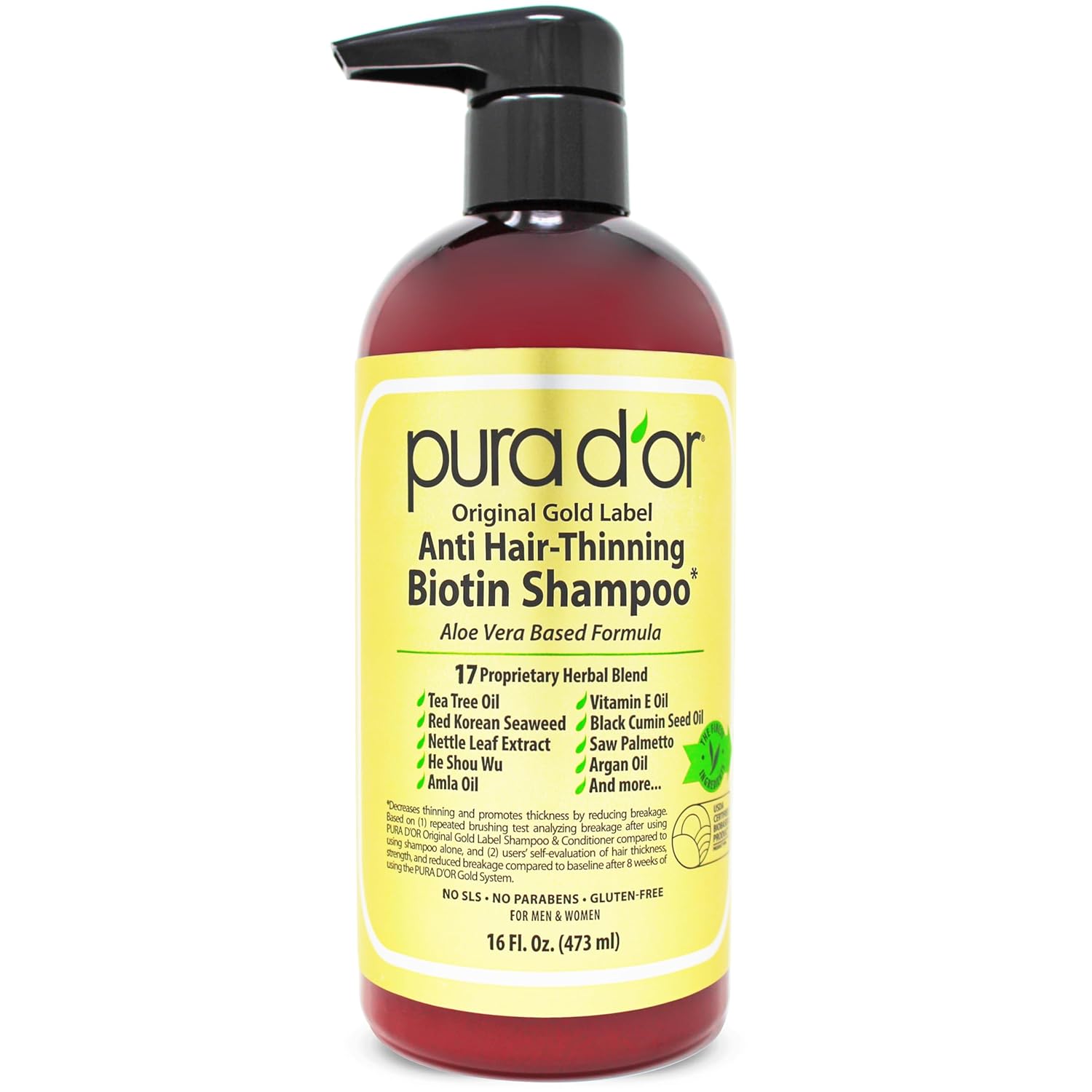 PURA D'OR Original Gold Label Anti Hair Thinning Biotin Thickening Daily Shampoo, Herbal, 16 fl oz PURA D'OR