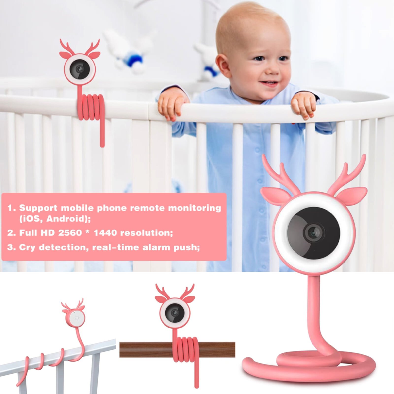 WQJNWEQ Clearance Baby Monitor, 4MP Wireless Baby Monitor Infrared Humidity Detection 100240V Low Noise For Crib WQJNWEQ