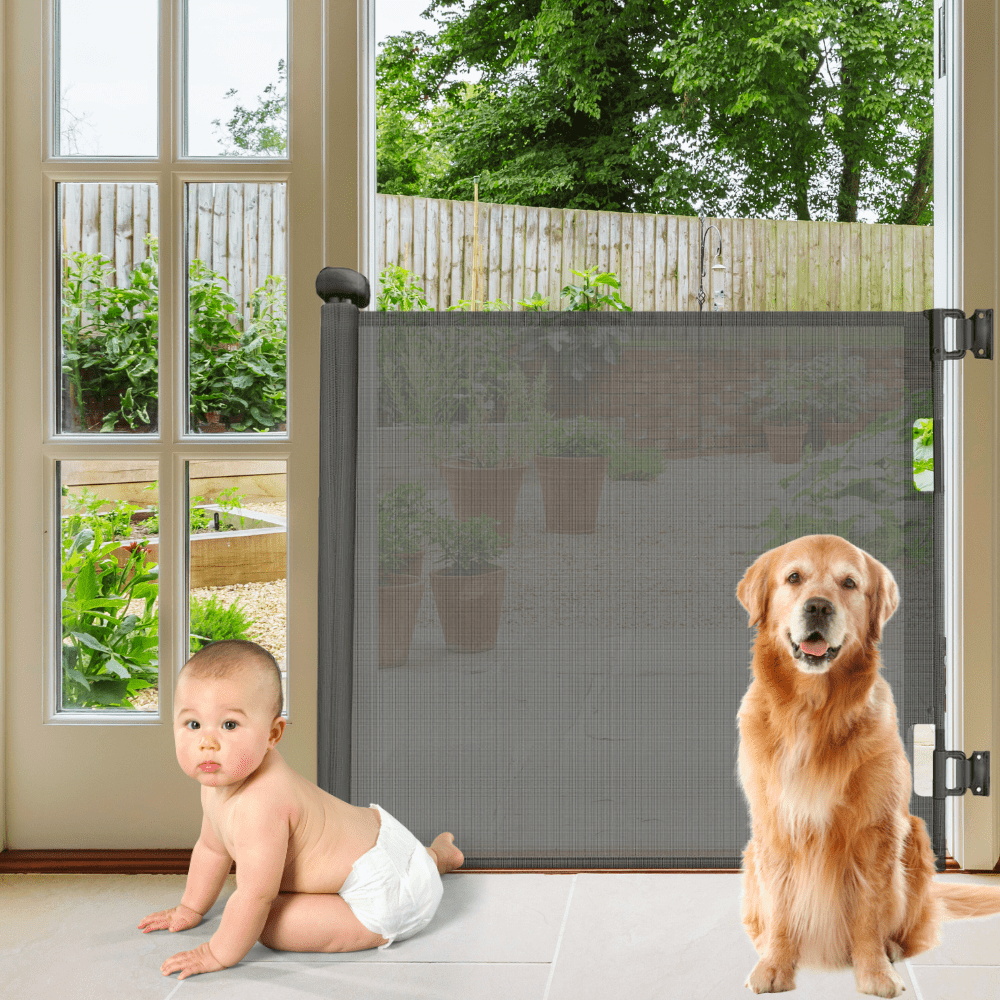 PandaEar Retractable Baby Safety Gate, 59" Wide Indoor Outdoor Mesh Pet Gate, Gray PandaEar