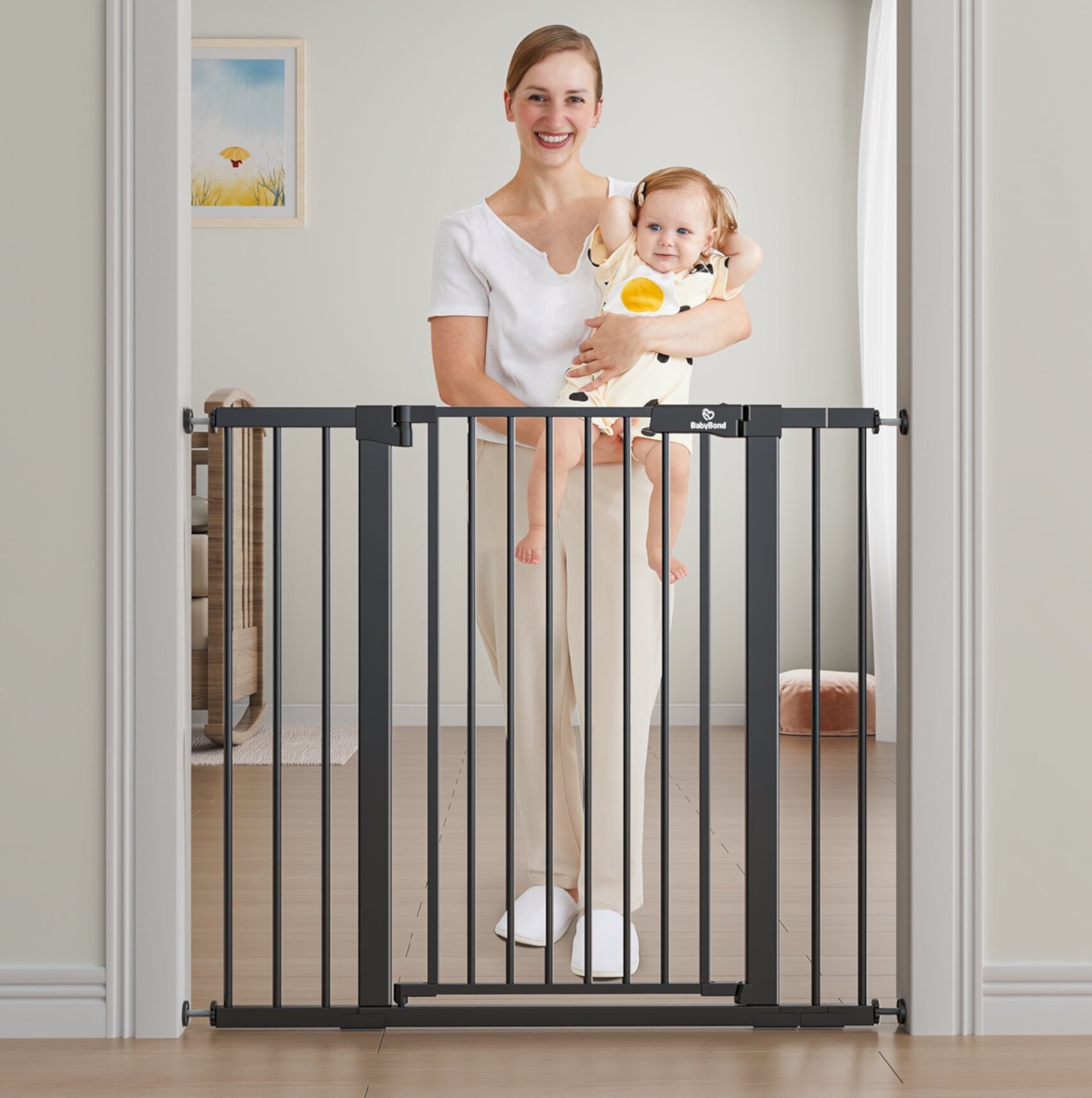 BabyBond 36" Extra Tall Dog Gates for Doorway and Stairs, Easy Step Baby Gate, Premium Cat/Pet Gate, Auto Close Safety Child Gates, with Extenders and Hardware/Pressure mounting Kit, White BabyBond