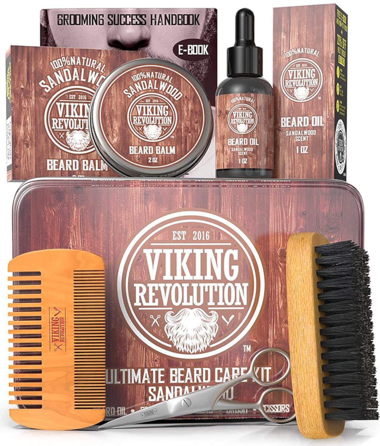 Viking Revolution Ultimate Grooming Kit for Men - Boar Brush, Wood Comb, Sandalwood Balm & Oil, Scissors for Beard & Mustache Viking Revolution