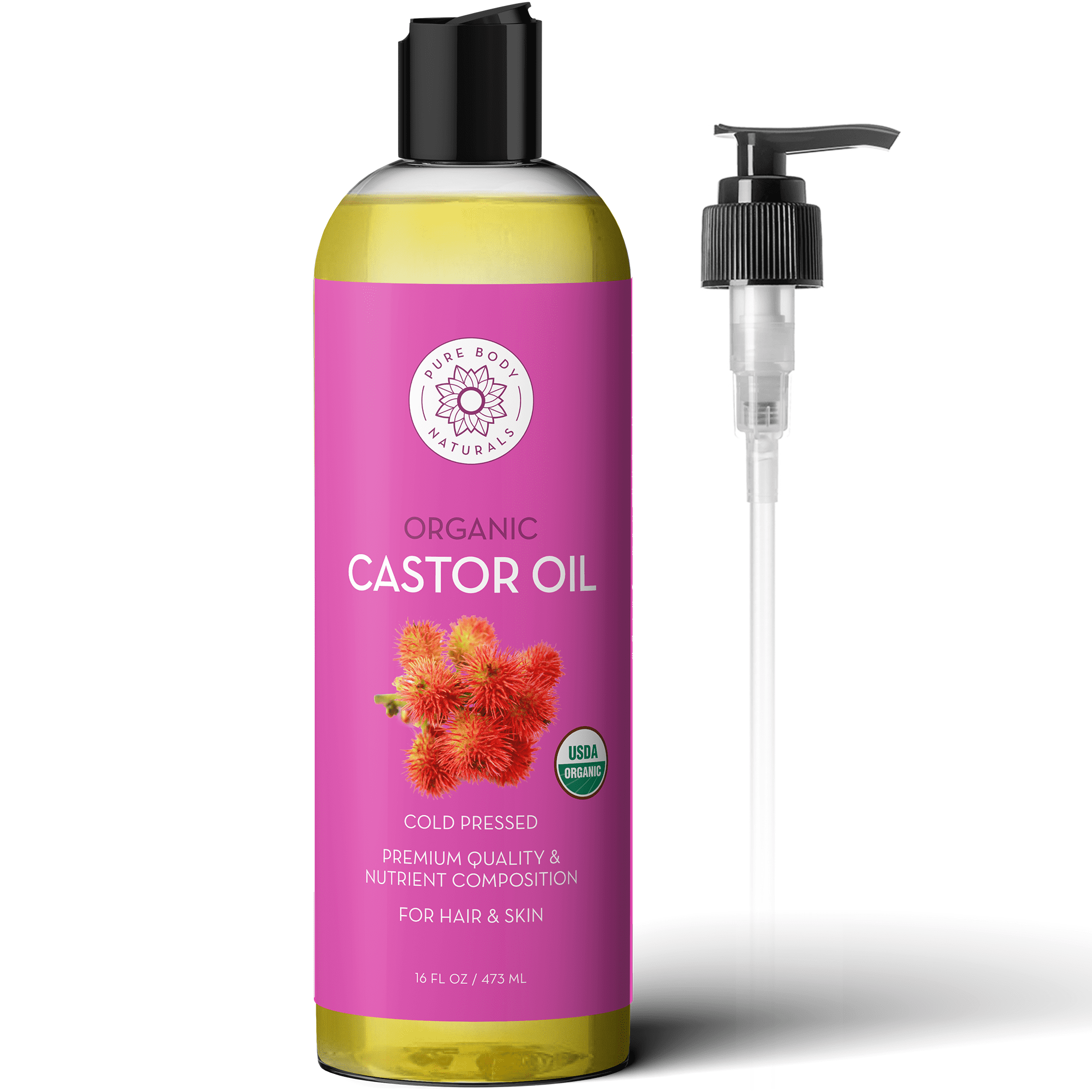 Pure Body Naturals Castor Oil for Face, Hair, Skin, and Body - Cold Pressed Organic - 16 fl oz Pure Body Naturals