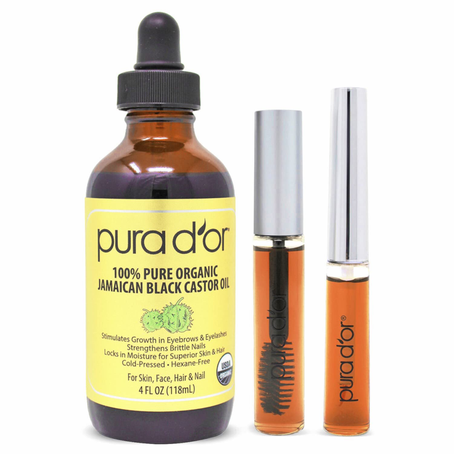 PURA D'OR Organic Jamaican Black Castor Oil 4 Fl Oz (w/ 2 BONUS Pre-Filled Eyelash & Eyebrow Brushes) PURA D'OR