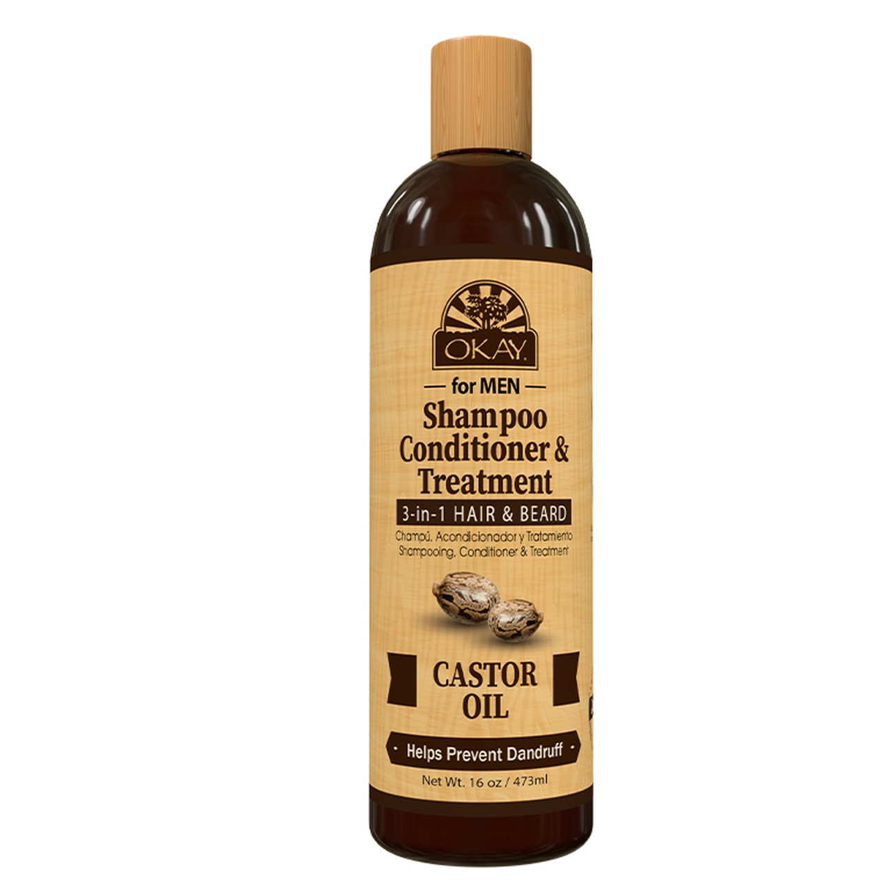 OKAY Men Castor Oil Beard and Hair 3-in-1 Shampoo, Conditioner, Dandruff Treatment - 16oz Okay