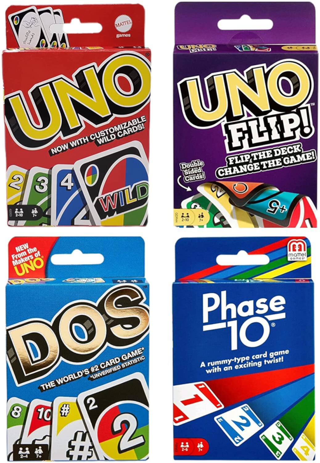 Mattel Uno, Dos, Uno Flip, and Phase 10 Mattel Family Card Game Variety Pack of 4 Mattel