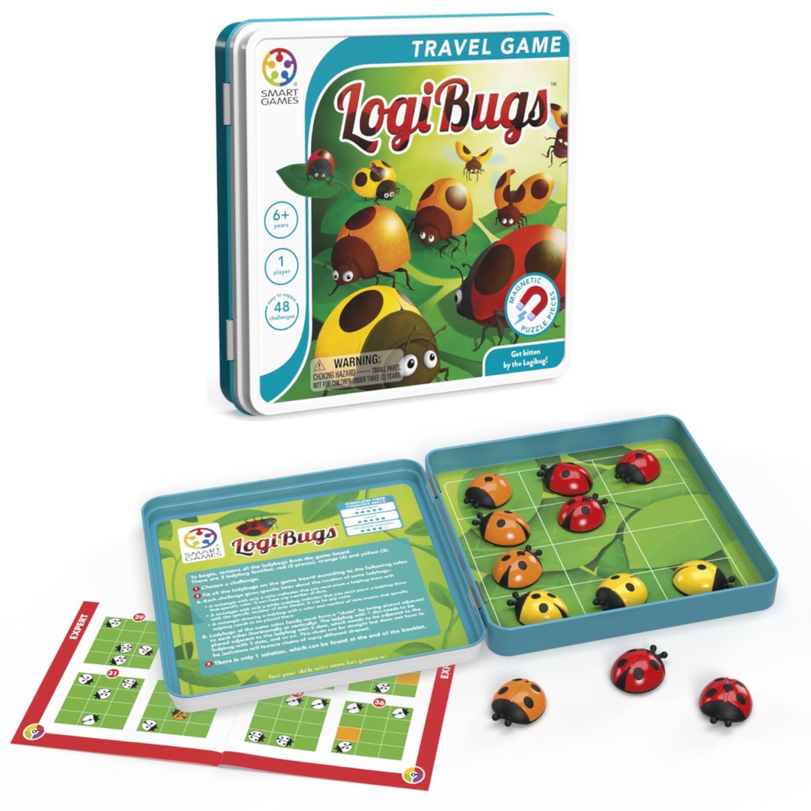 SmartGames LogiBugs Metal Box Magnetic Travel Game with 48 Challenges for Ages 6 - Adult SmartGames