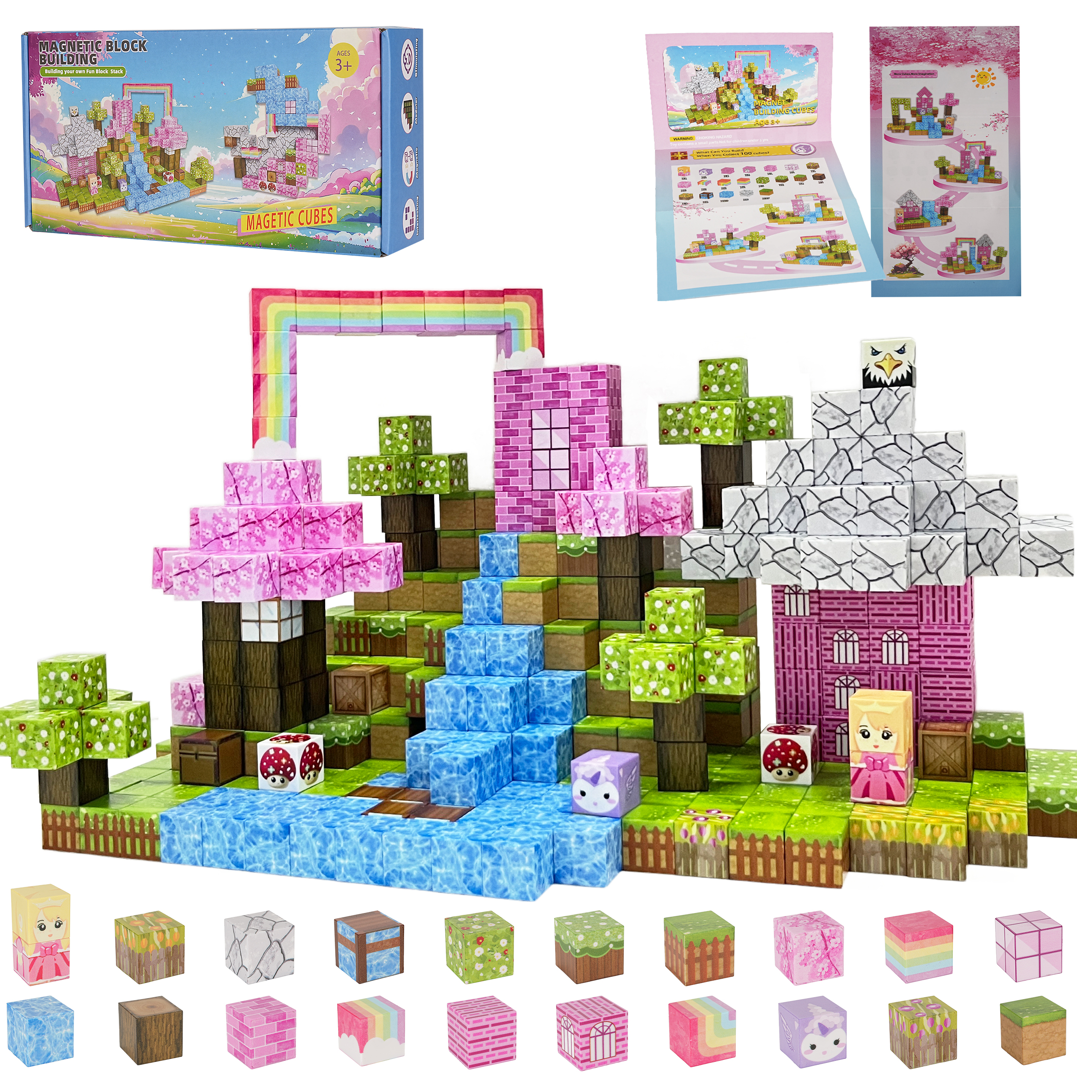 100 PCS Magnetic Blocks- magnetic block Pink Castle Set for 3-5 Years Old 6-8 Years Old Boys and Girls, Sensory Toys for Toddlers, Gifts for Birthday Christmas Crtynell