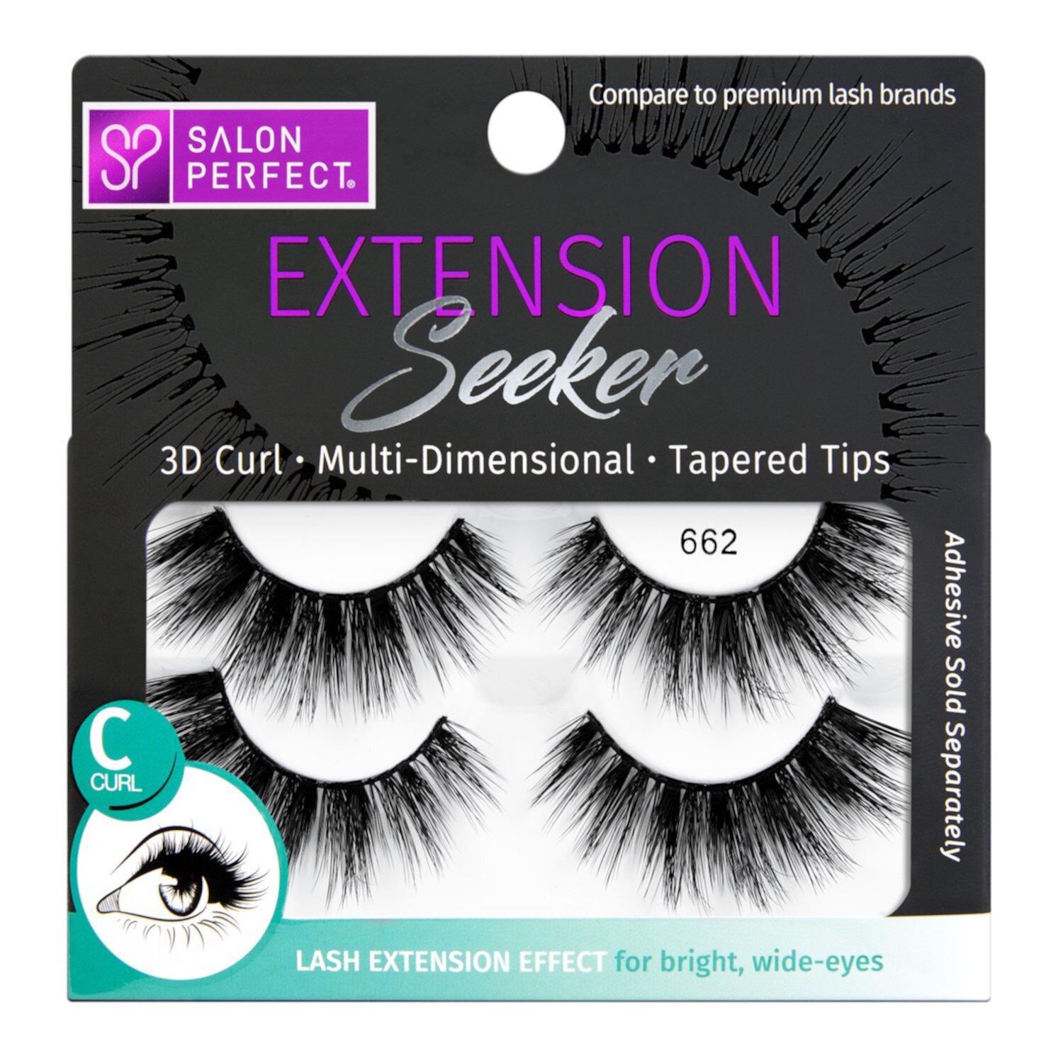 Salon Perfect Extension Seeker C-Curl False Eyelashes, Black, 662, 2 Pairs Salon Perfect