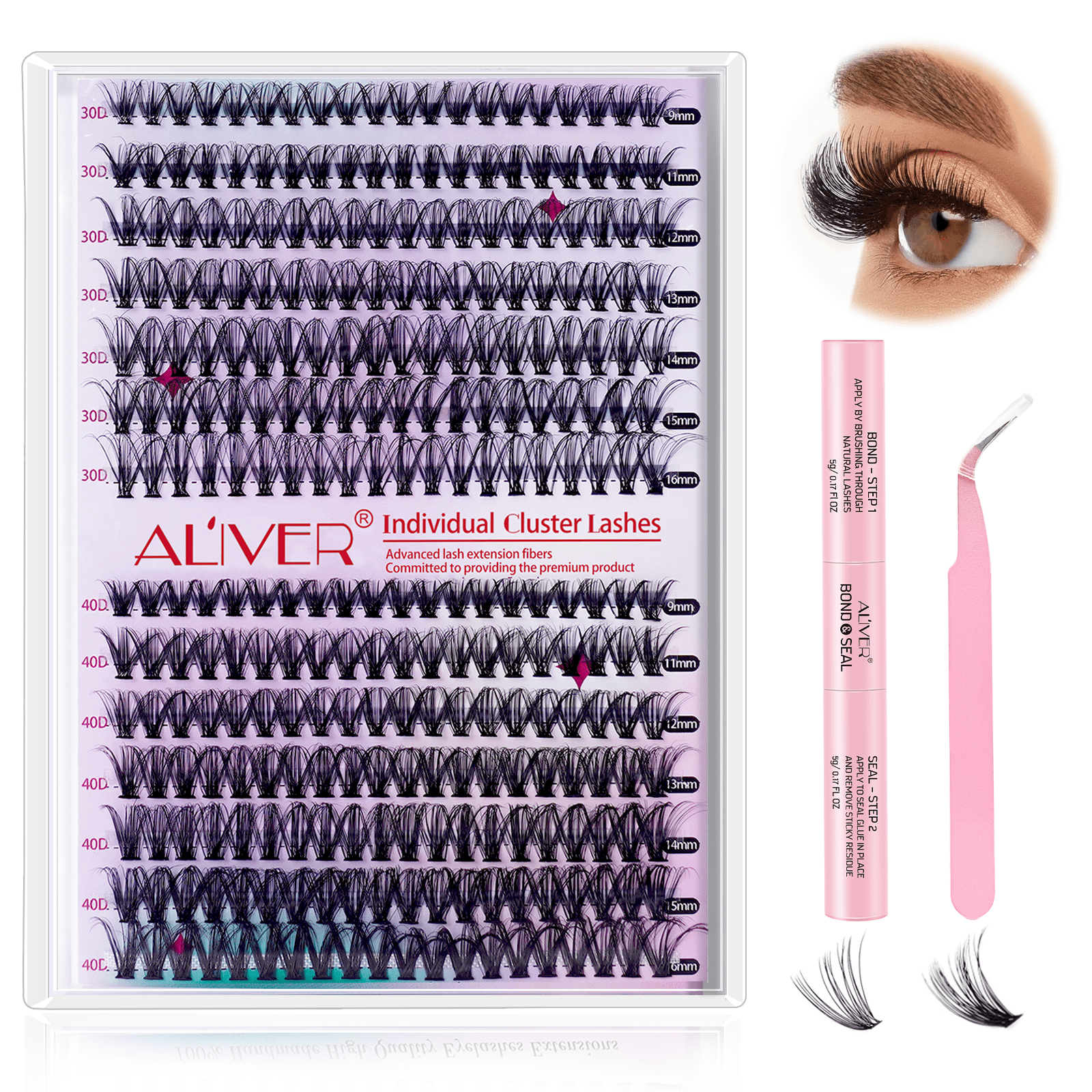 Aliver Cluster Lashes 280pcs 30D+40D DIY Eyelash Extension D Curl Long Individual Lashes Extension Kit,Black,Set of 3 (30D+40D,0.07D,9-16mm) ALIVER