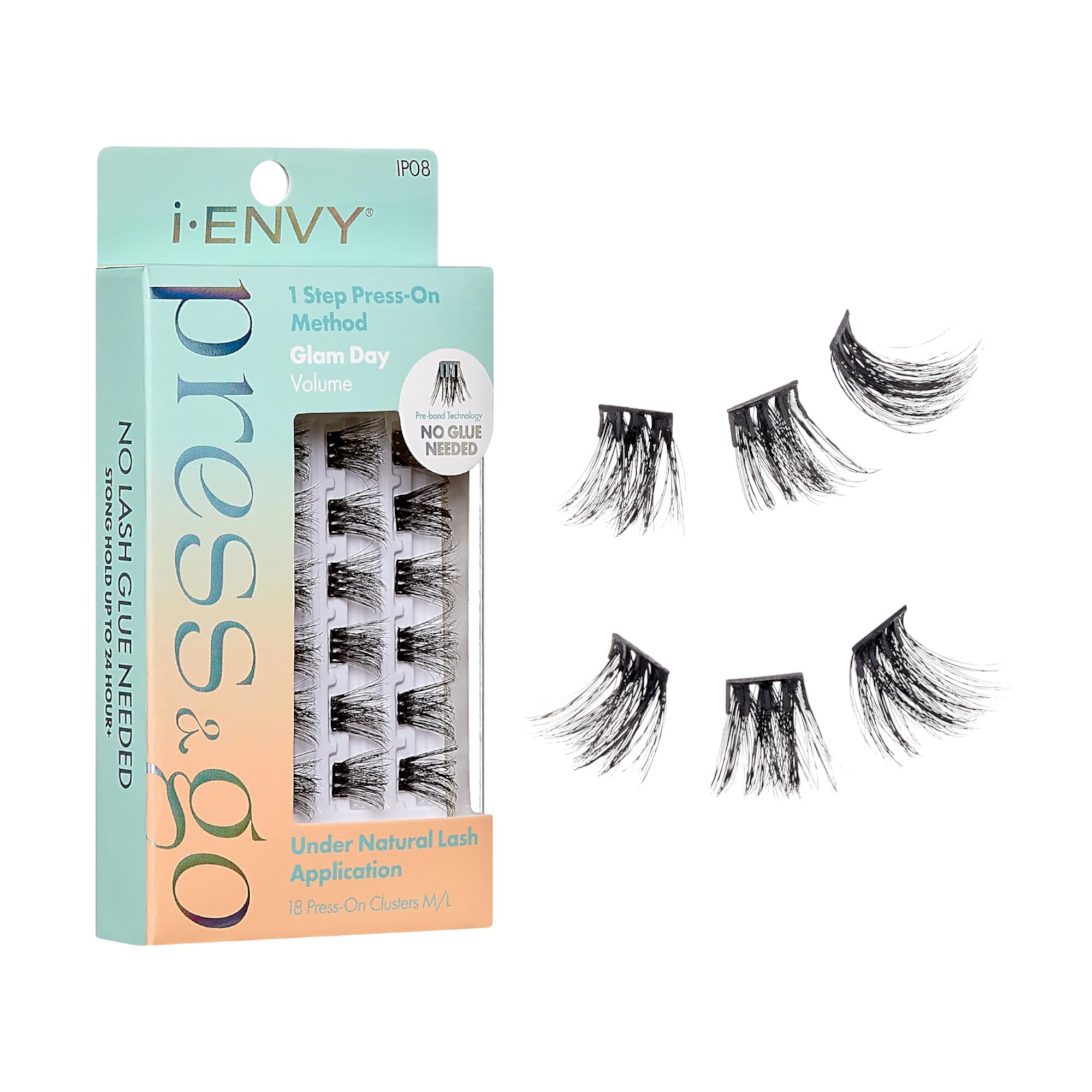 i-ENVY Press&Go Self-Adhesive Eyelashes, No Glue Needed False Eyelash Clusters, Easy Application 1 Step Press-On Lashes, No Damage or Residue (Glam Day Volume) I-Envy