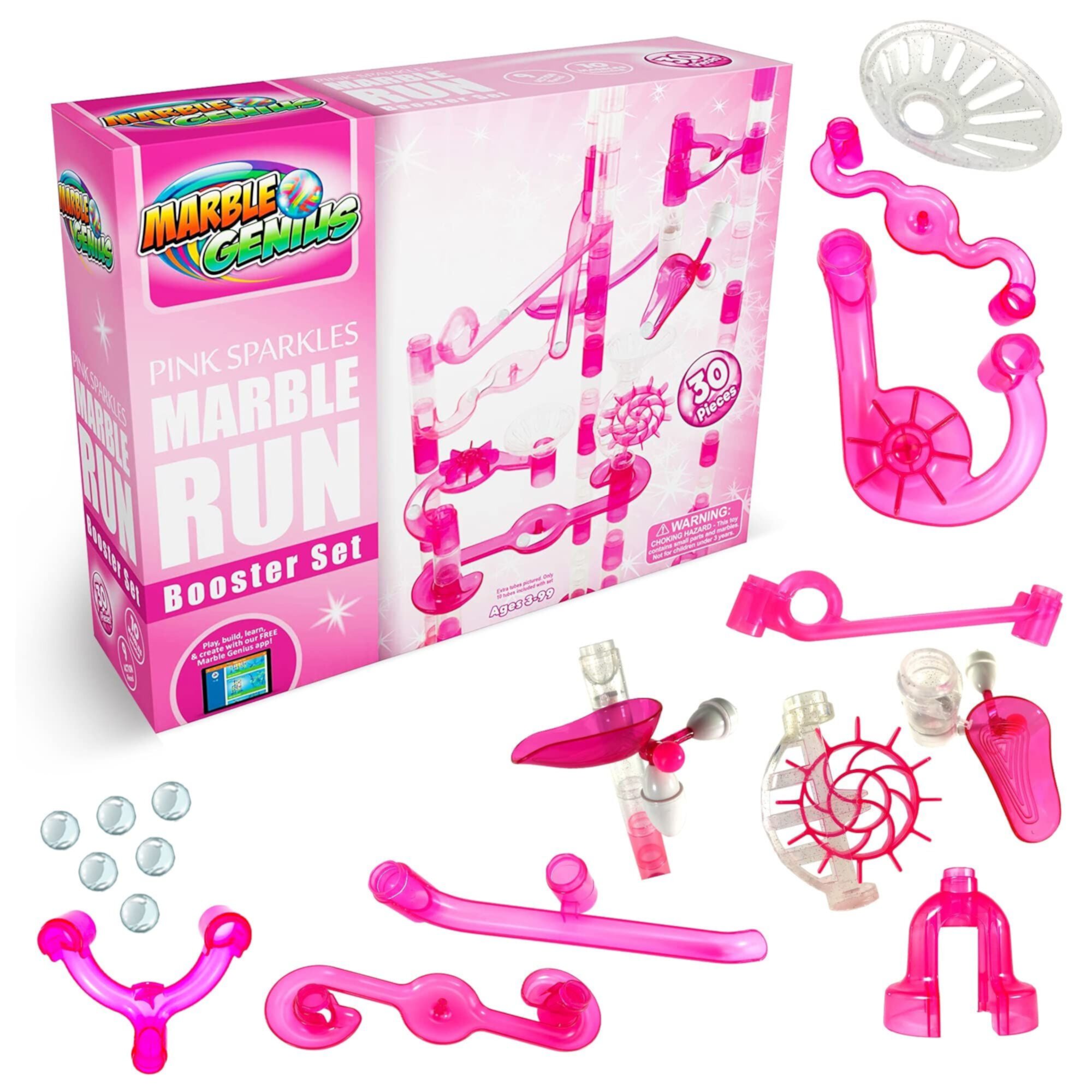 Marble Genius Marble Run Booster Set - 30 Pieces Total (10 Action Pieces Included), Construction Building Blocks Toys for Ages 3 and Above, with Instruction App Access, Add-On Set, Pink Sparkles Marble Genius