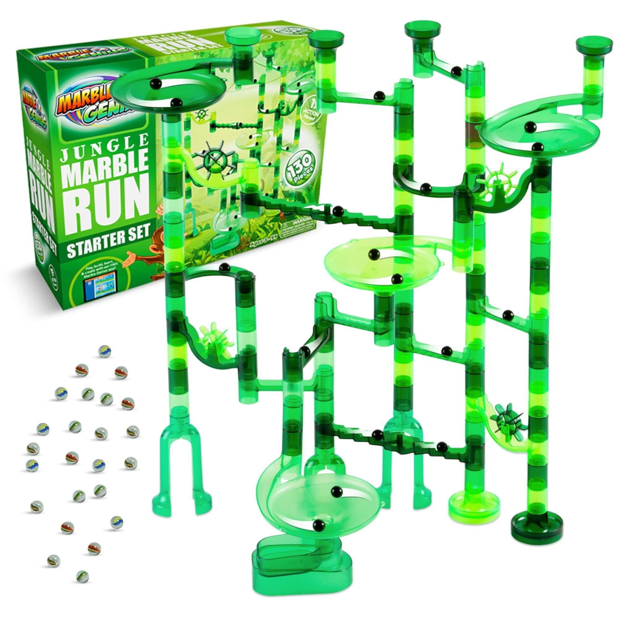 Marble Genius Marble Run Booster Set - 30 Pieces Total (10 Action Pieces Included), Construction Building Blocks Toys for Ages 3 and Above, with Instruction App Access, Add-On Set, Jungle Marble Genius