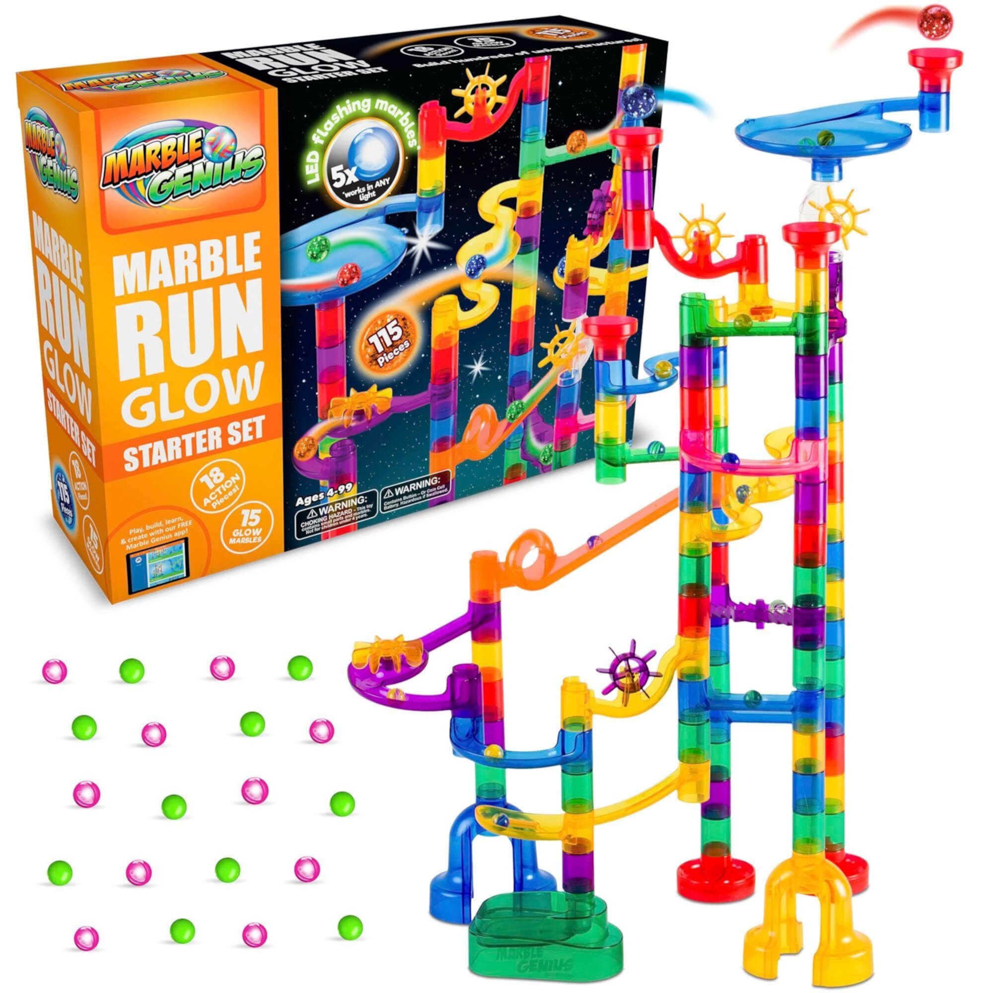 Marble Genius Glow Child Marble Run - 50 Marbles (26 Plastic Glow) + LED Light Included Marble Genius