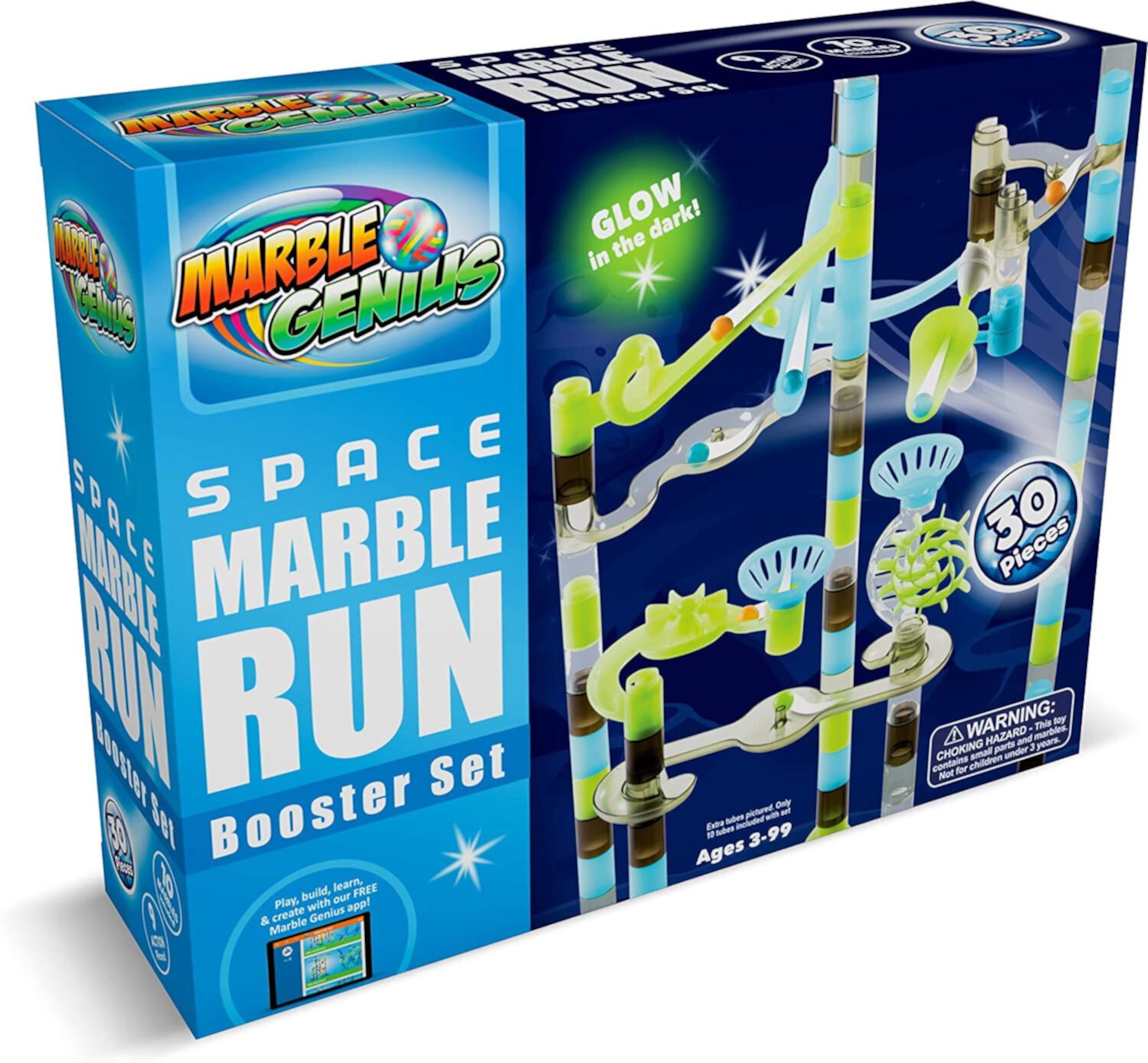 Marble Genius Marble Run Booster Set - 30 Pieces Total (10 Action Pieces Included), Construction Building Blocks Toys for Ages 3 and Above, with Instruction App Access, Add-On Set, Space Marble Genius