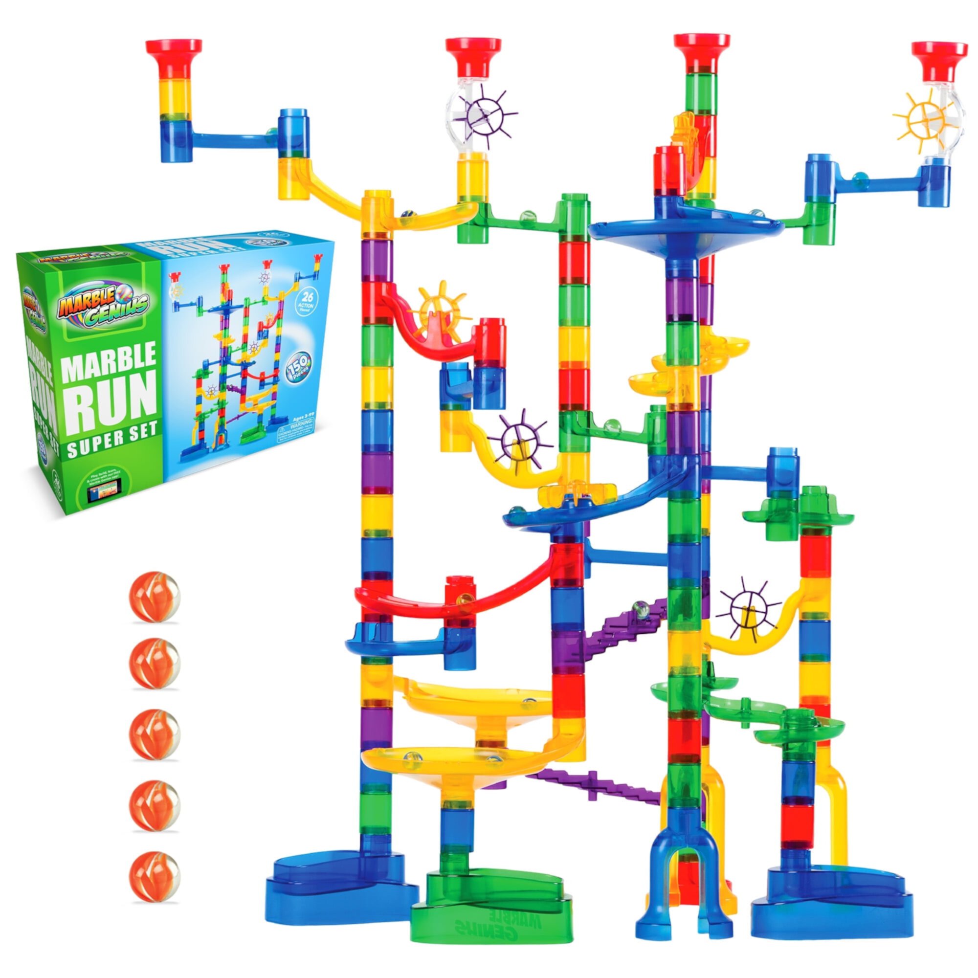 Marble Genius Marble Run - Maze Track or Race Game for Adults, Teens, Toddlers, or Kids Aged 4-8 years old, 300 Complete Pieces (118 Translucent Marbulous Pieces + 119 Glass-Marble Set), Extreme Set Marble Genius