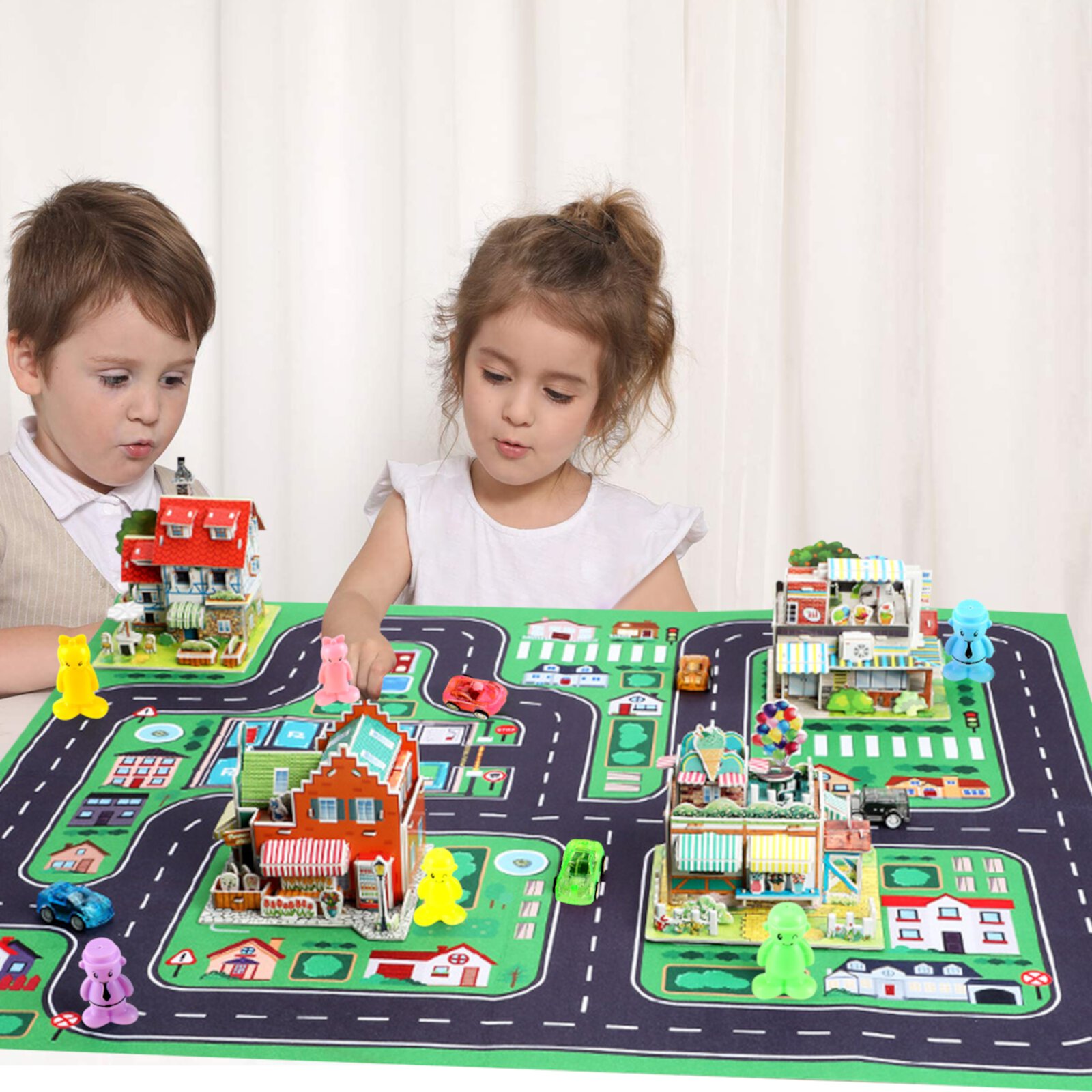 City Map Construction Building Sets with 6 Cartoon Character Toys, Preschool Educational Learning Toys for 6+ Year Old Kids Boys Girls Children Qishi