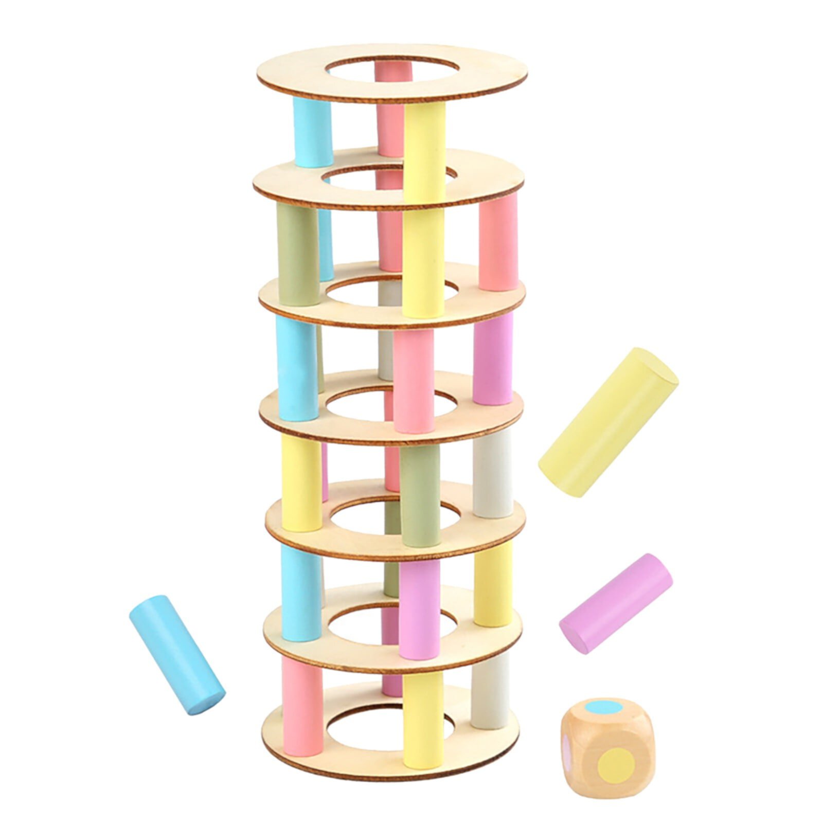 Wooden Tower Stacking Game, Fine Motor Skill Montessori Building Blocks with Dice Toppling Leaning Tower Toy Party Family Games for Kids and Adults Christmas Gift GJPRXCx