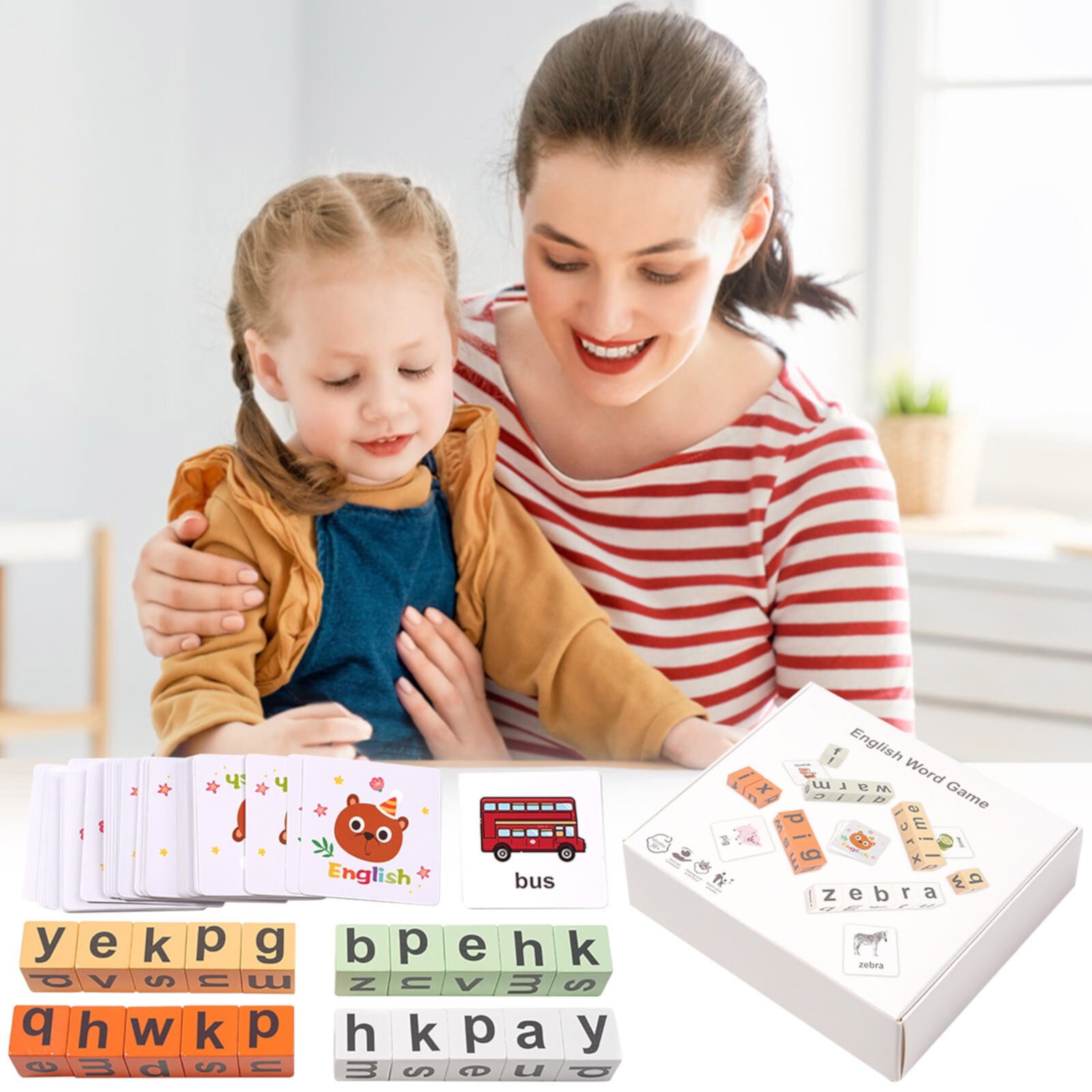 SIYTUAU Children's Vocabulary Games Board Games Teaching English Enlightenment Cards Early Education Puzzle Building Blocks Toys SIYTUAU