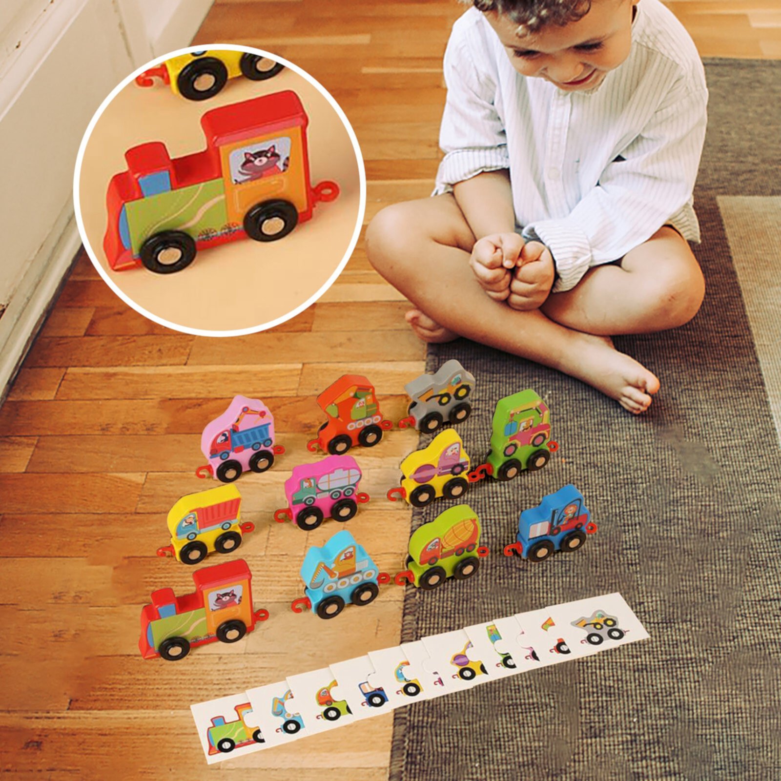 Qiopertar Wooden Colorful Dinosaur Transportation Animals 11Pcs Train Toys Matching Sequencing Games Educational Learning Counting Set Building Blocks Kit Qiopertar