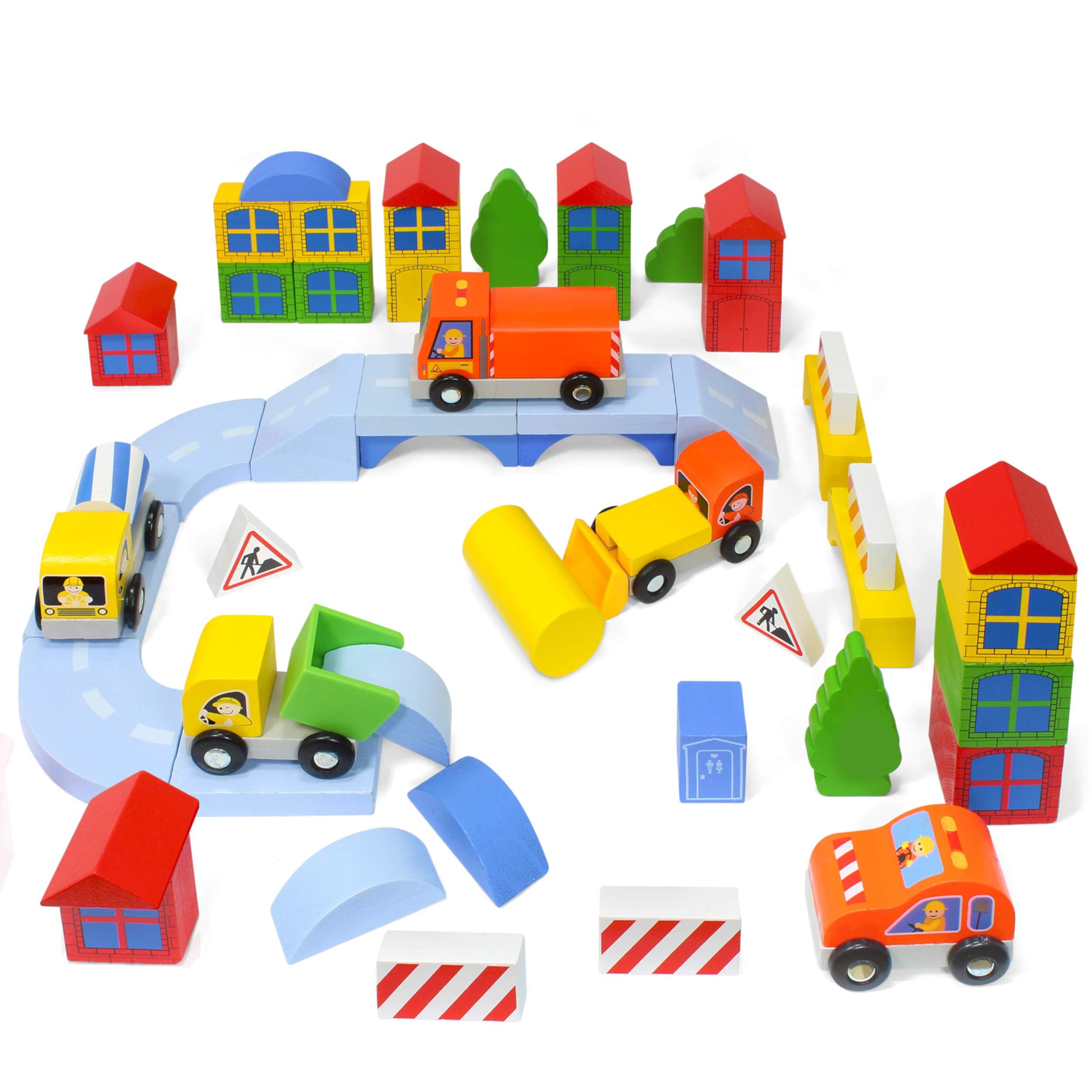 Kidzlane Wooden Construction Site Building Blocks - 50 Pc Wood Block Variety Set Kidzlane