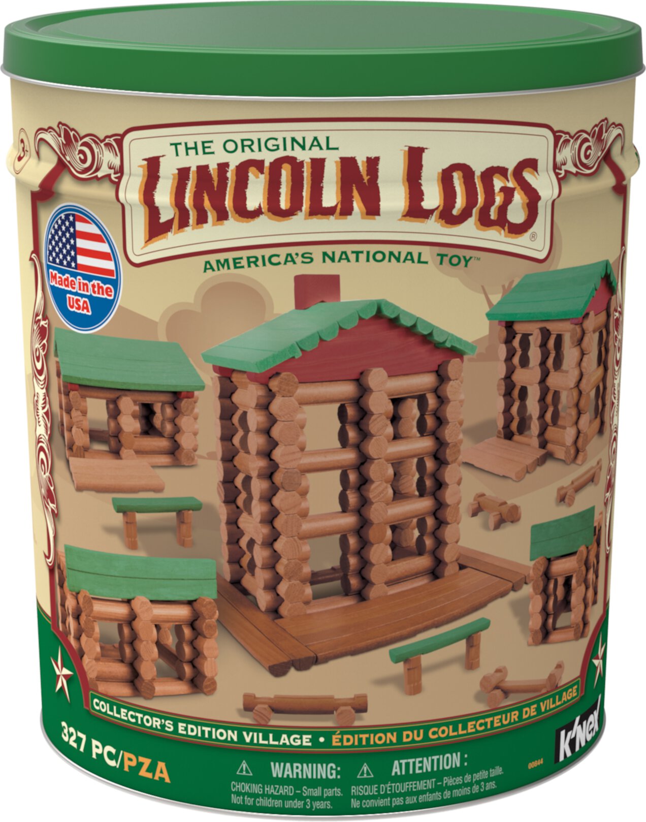 LINCOLN LOGS - Collector's Edition Village - 327 All Wood Pieces - Collectible Tin Lincoln Logs