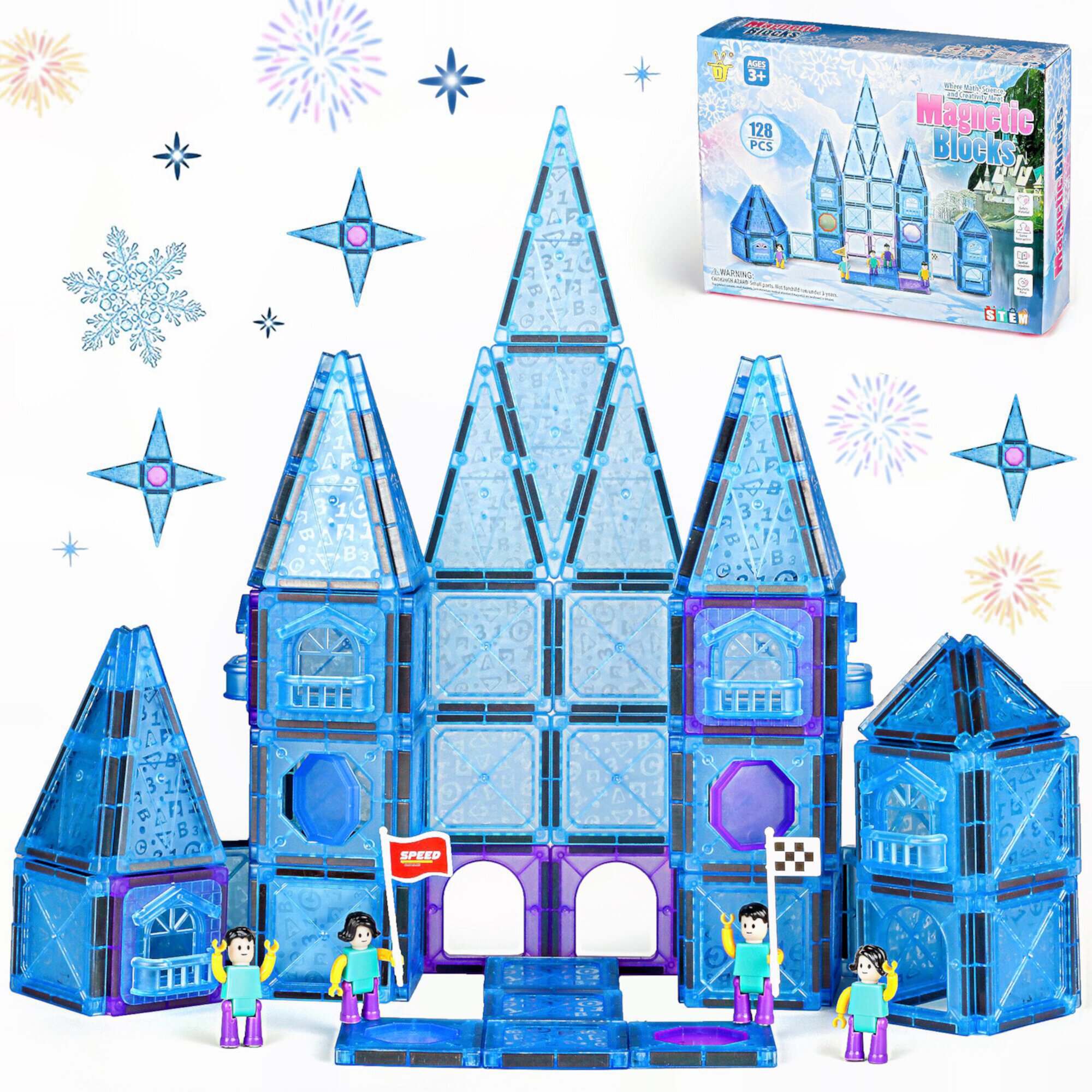 Hot Bee Frozen Magnetic Tiles 128 Pcs for Kids, Princess Castle Toys 3D Building Blocks with 4 Dolls, Educational STEM Learning Toys Christmas Gifts for Girls Boys 3-6 6-8 Hot Bee