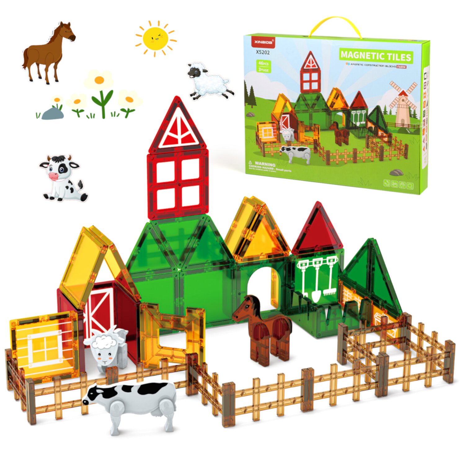 UUSUOO Magnetic Tiles Sets for Kids, Farm Animals Theme 46 PCS Magnetic Blocks, Montessori Learning Toys for 1 to 5 Year Old, Magnetic Tiles Animal Sets for Kids 3-6, Christmas Toys for Kids 3-6 UUSUOO