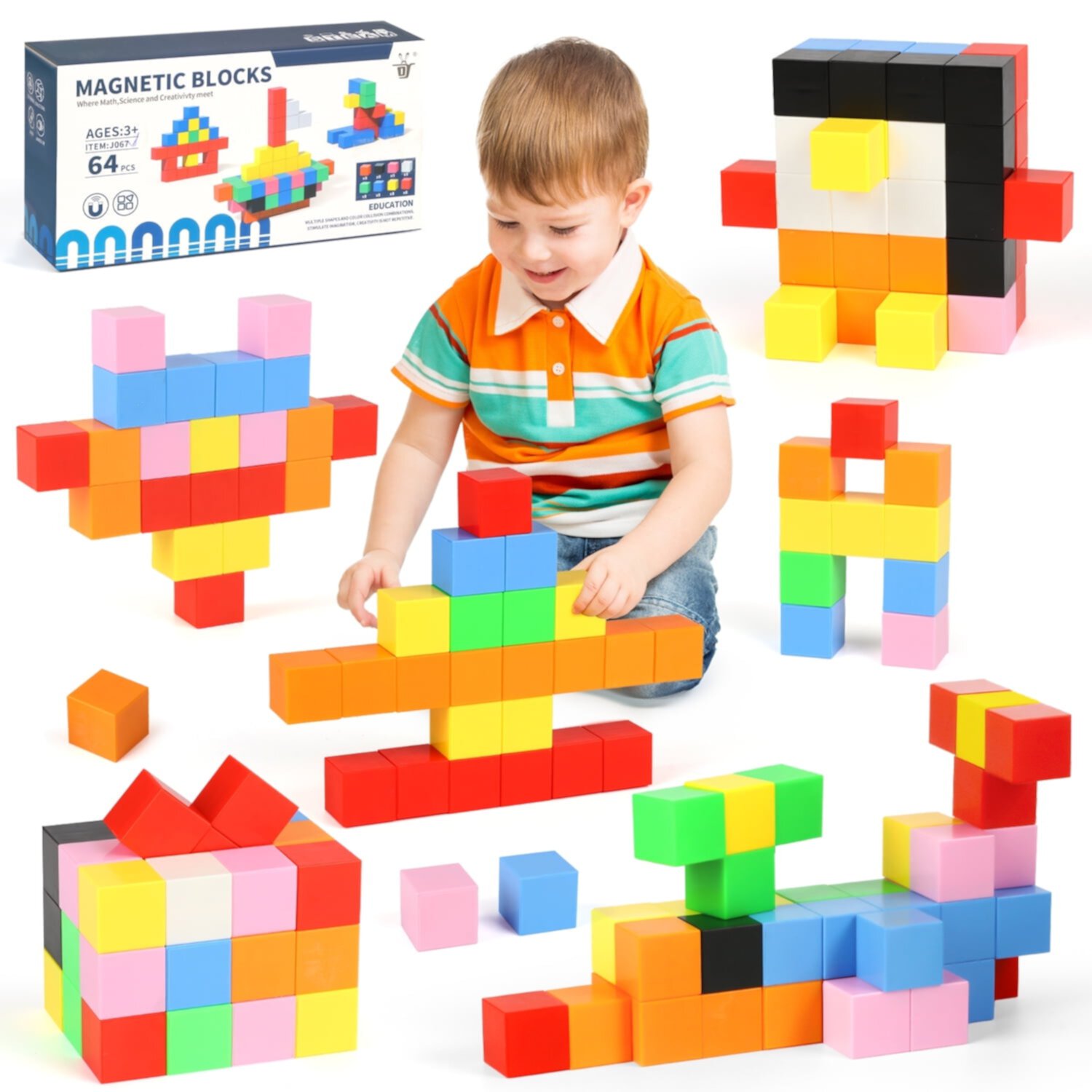 UUSUOO 64 PCS Magnetic Blocks, Magnetic Building Blocks for Kids Ages 4-8, Montessori Toys, Magnetic Cubes,Christmas Gifts Preschool STEM Educational Sensory Magnet Toys for Kids 1-3 UUSUOO