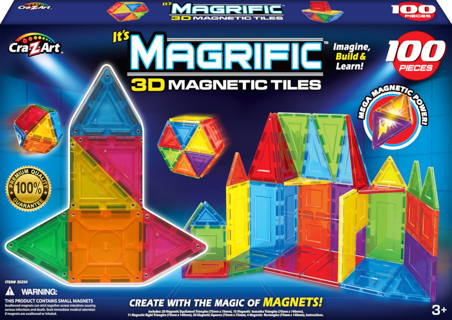 Cra-Z-Art Magrific 100 Piece Multicolor 3D Magnetic Tiles Set, Fun STEM Toy for Ages 3 and up Cra-Z-Art