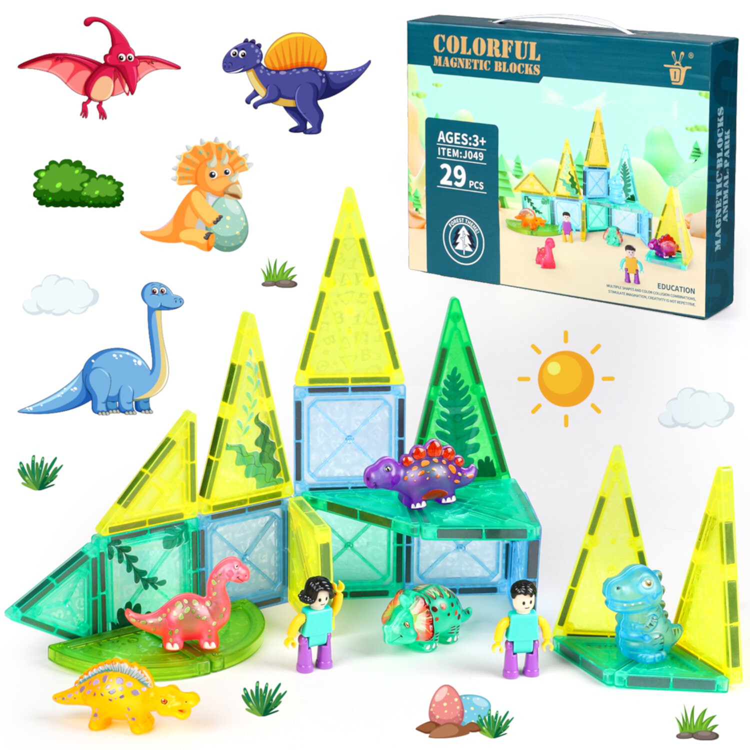 UUSUOO Dinosaur Magnetic Tiles,Animals Magnet Building Blocks Toys Dino World,3D STEM Educational Magnet Tiles for Kids Age 3 4 5 6 7 8,Christmas Toys for Kids(29PCS) UUSUOO