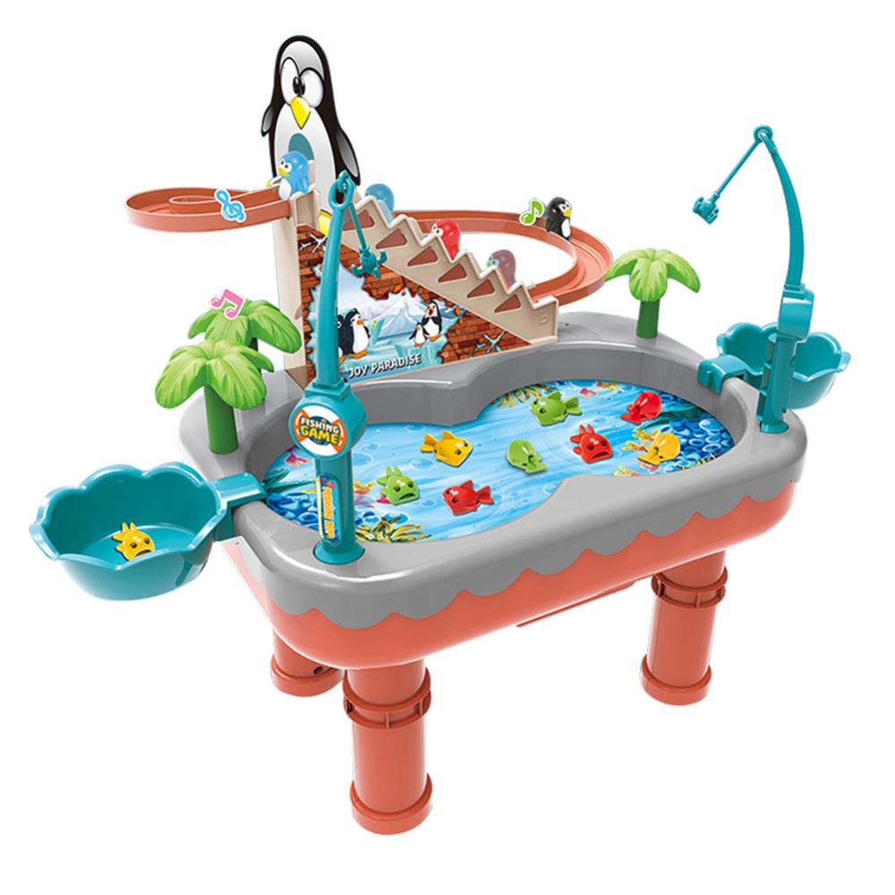 SYNPOS Kids Fishing Game Toys with Slideway, Electronic Toy Fishing Set with Magnetic Pond, 9 Fish, 3 Penguin, 2 Toy Fishing Poles SYNPOS