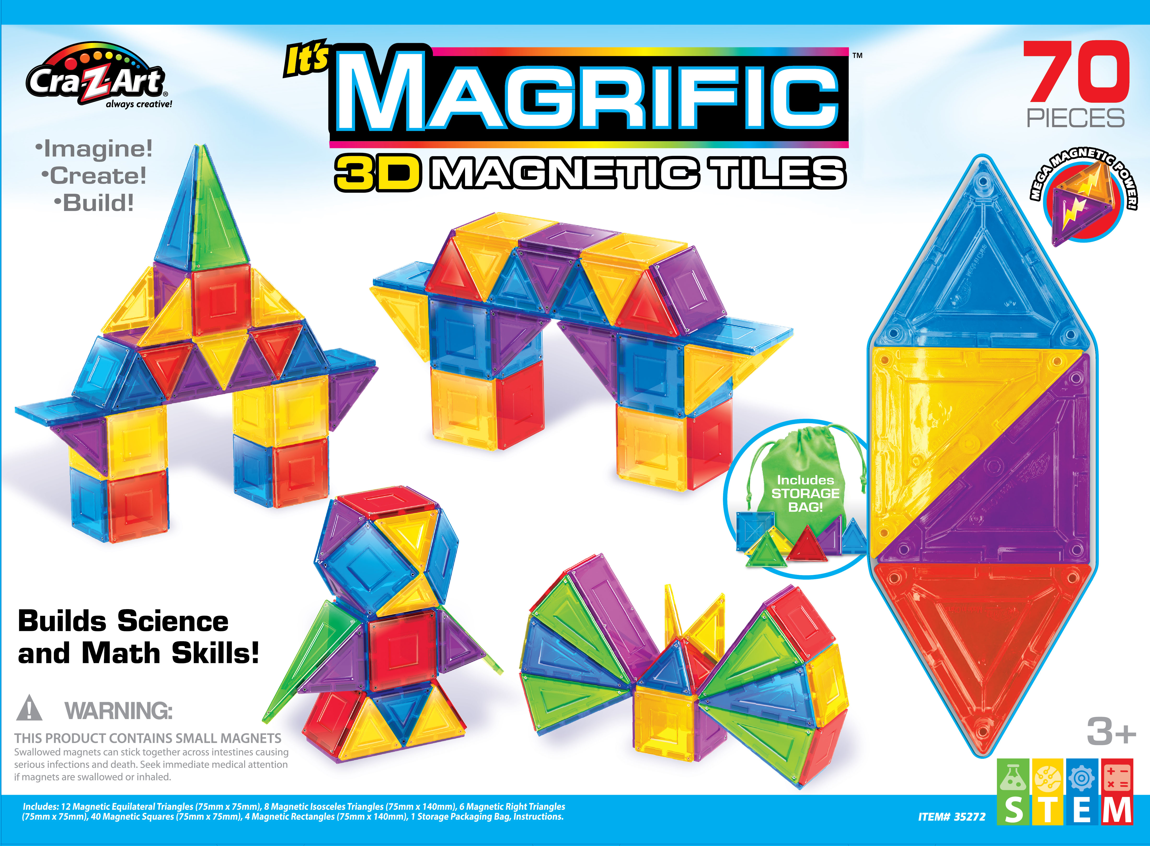 Cra-Z-Art Magrific 70 Piece Multicolor Magnetic Tile Set, Unisex Child Ages 3 and up Cra-Z-Art