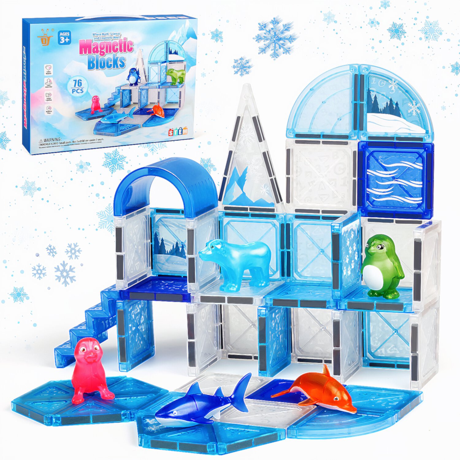 Huge Wave 76 PCS Frozen Animals Magnetic Tiles for kids, 3D Building Blocks w/ 5 Animals Magnetic Toys for Toddlers, STEM Learning Toys Birthday Christmas Creative Gifts for Boys Girls 3 4 5 6+ Huge Wave