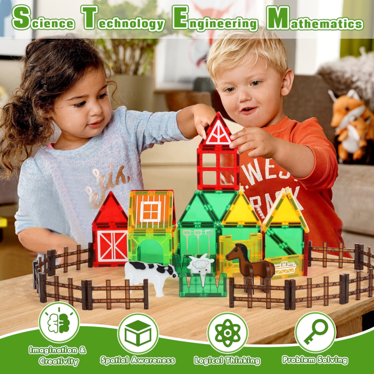 Magnetic Tiles, Farm Animals Theme 46 PCS Magnetic Blocks, Montessori Learning Toys for 3 to 4 Year, Magnetic Construction Toys for Toddlers 3-6 Years Old, Educational Toys for Boys Girls KWANITHINK