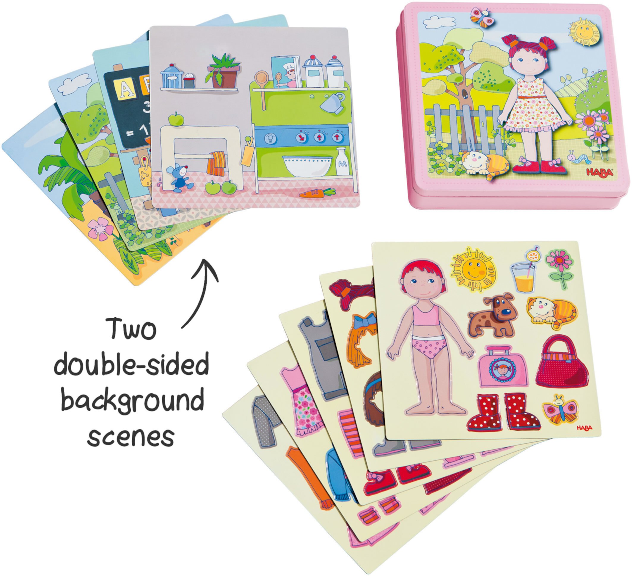 HABA Dress-up Doll Lilli Magnetic Game Box - 54 Magnet Pieces and 4 Backgrounds in a Sturdy Metal Tin Haba