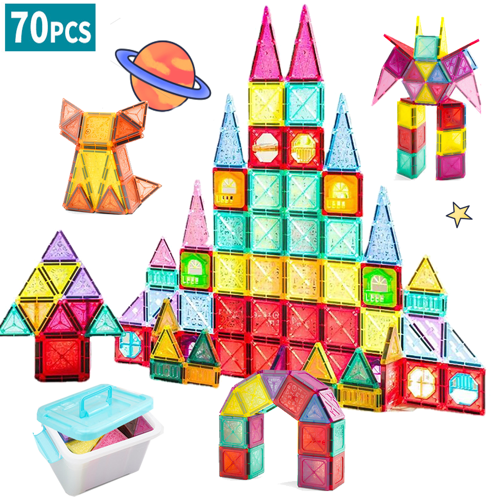 Magnetic Tiles Toys for Kids,70pcs Starter Set 3D Magnet Building Blocks Construction,STEM Learning Educational Toddlers Toy Gift with Storage Box ZFITEI