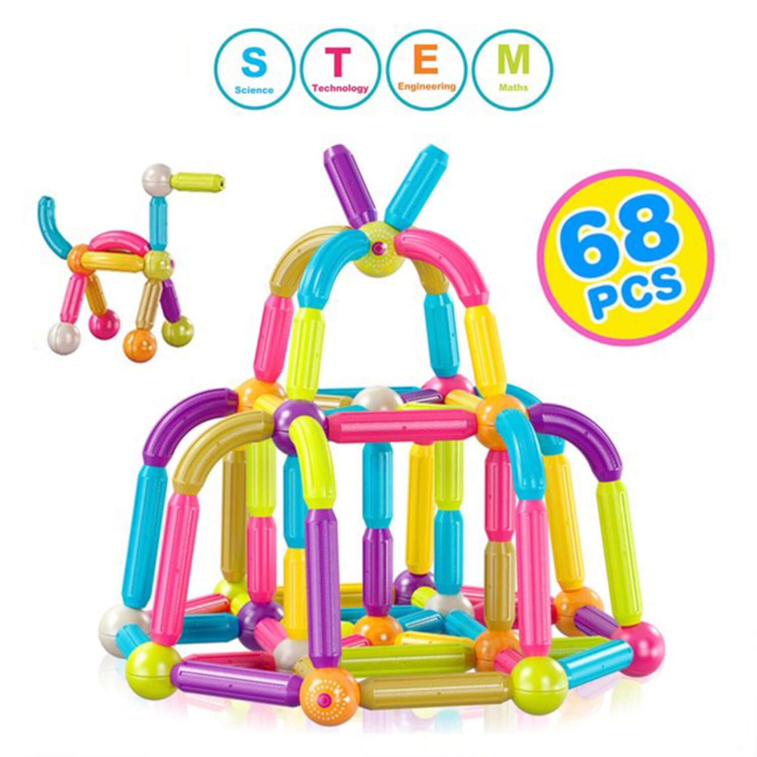 Contixo ST2 Magne Stix, 3D Magnetic Building Sticks, Toddler Toys, STEM & Sensory Learning, Kids ages 3+, for Boys & Girls, Includes Storage Bag, 68 Pcs Contixo