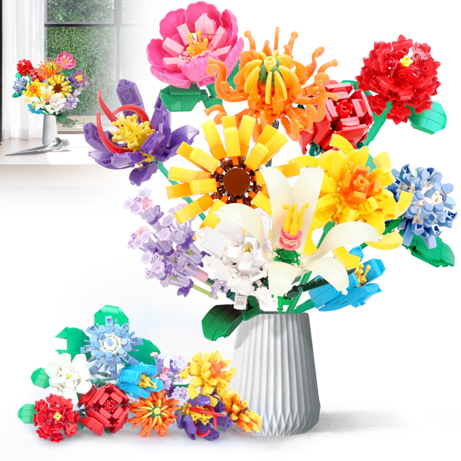 TiokMc Flower Bouquet Building Set - 1064 Pcs, 12 Artificial Flowers for Home Decor - Great for Valentines’ Day, Christmas, Birthday（No Vase ） TiokMc