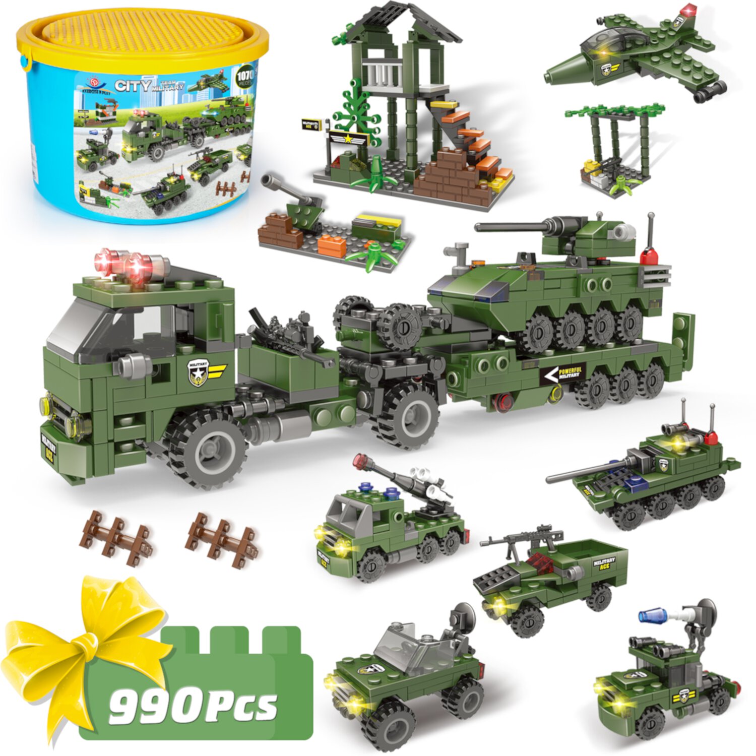 City Police Building Blocks Set, Army Military Base Bricks Kit, Heavy Transport Truck Toy W/ Armored Vehicles & Airplane (990 Pcs) EXERCISE N PLAY