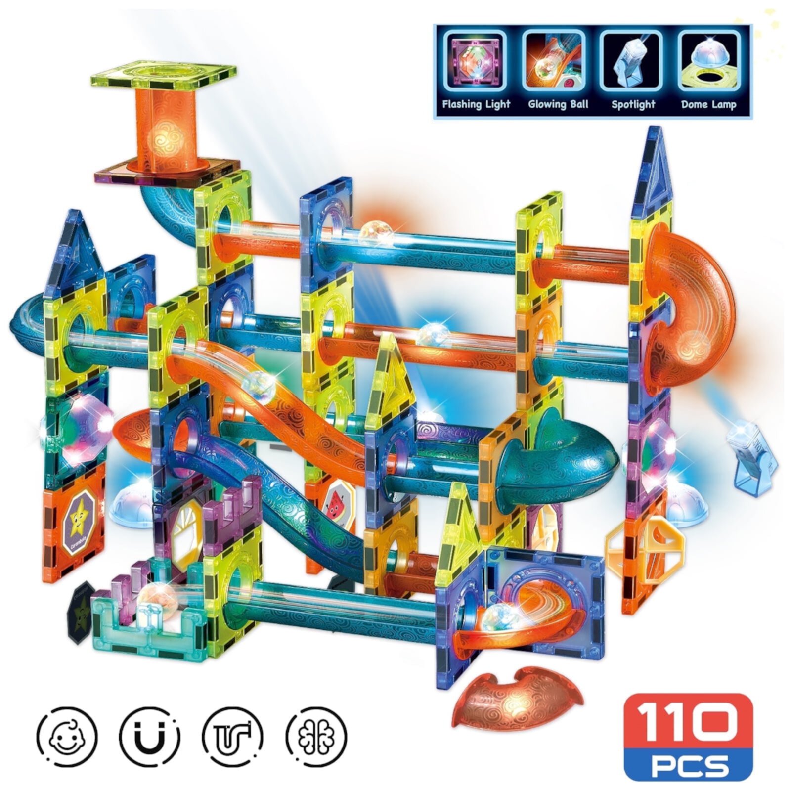 Contixo 110 Pcs Glow-in-the-Dark Marble Run Magnetic Tile Set - Light Up Blocks Contixo