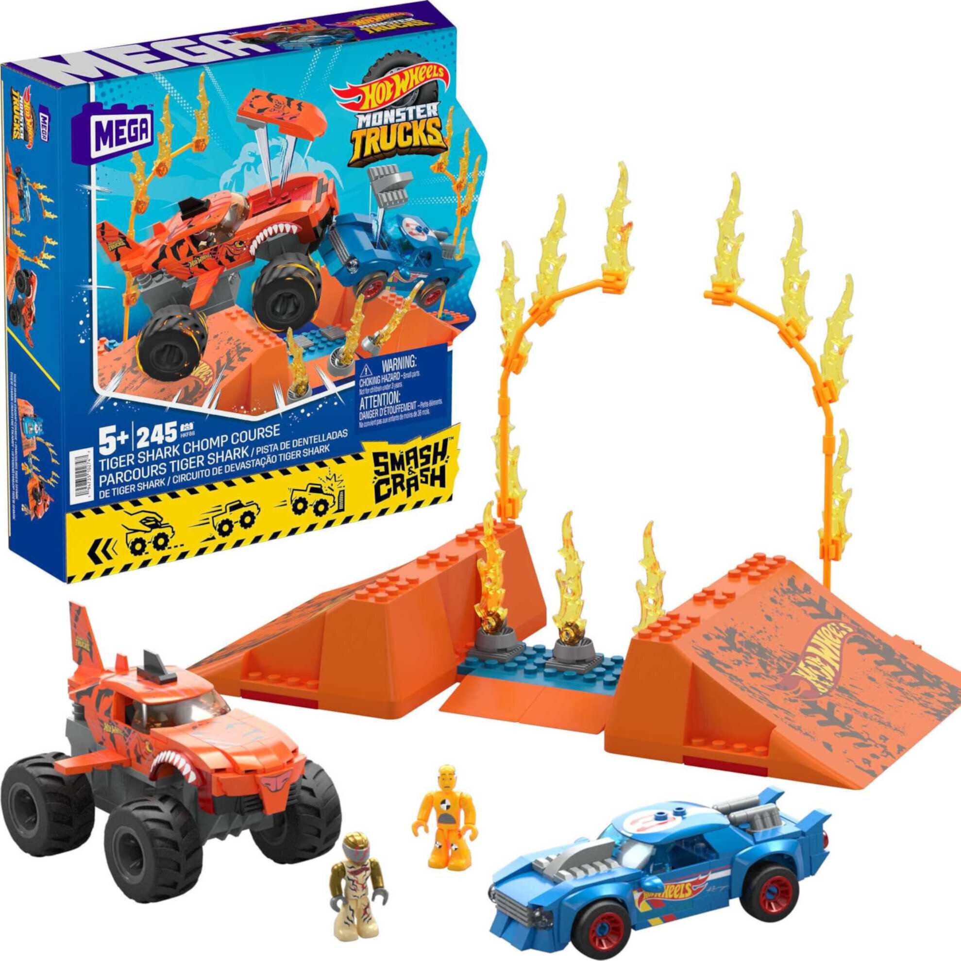 MEGA Hot Wheels Tiger Shark Chomp Course Monster Truck Building Toy with 2 Figures (245 Pieces) Mega