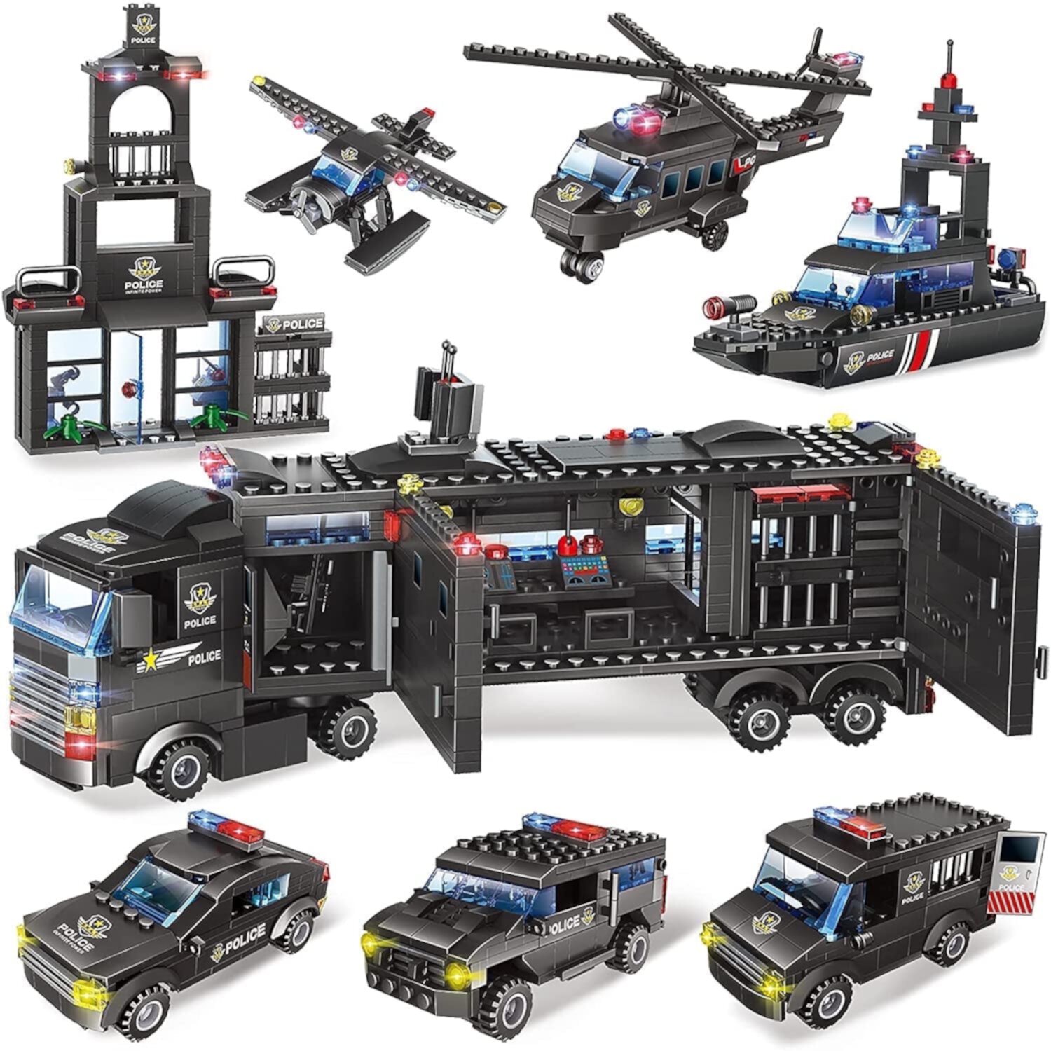 1020 Pcs City Police Building Toys Set, 8 in 1 Mobile Command Center Building Block for Boys, Christmas Gift for Kids Ages 6-12, Black EXERCISE N PLAY